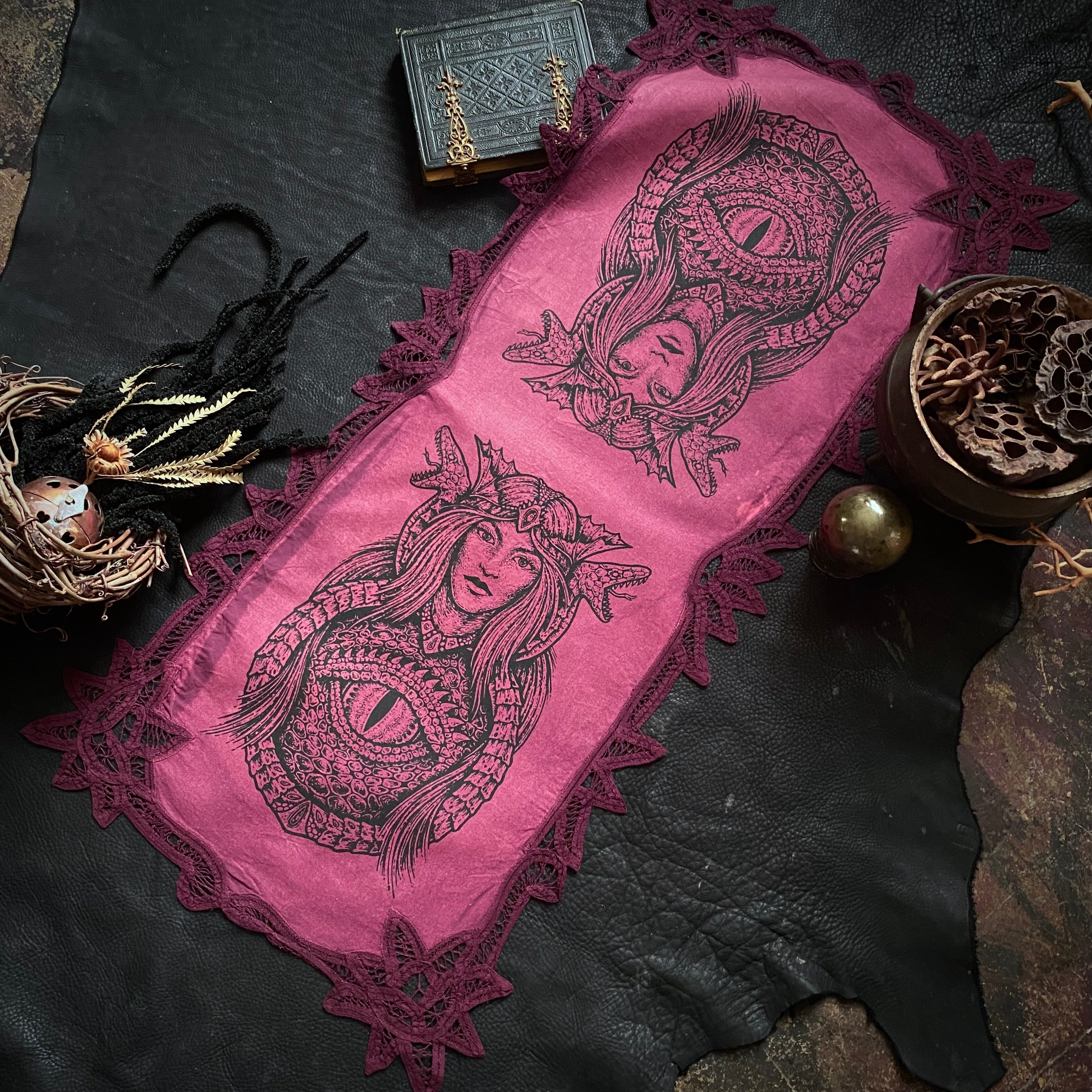 Dragon Empress altar cloth runner in Sunset Berry, one-of-a-kind