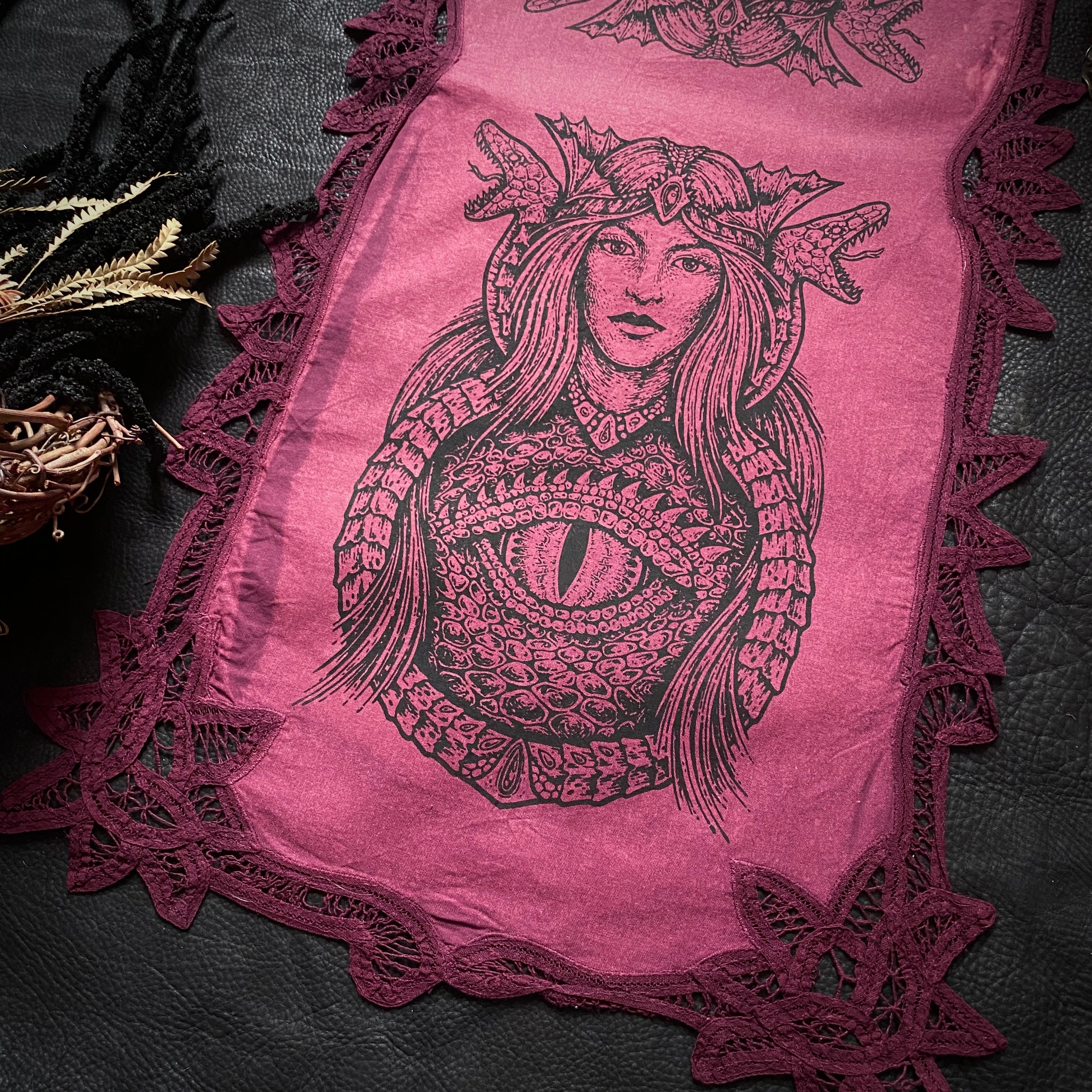Dragon Empress altar cloth runner in Sunset Berry, one-of-a-kind