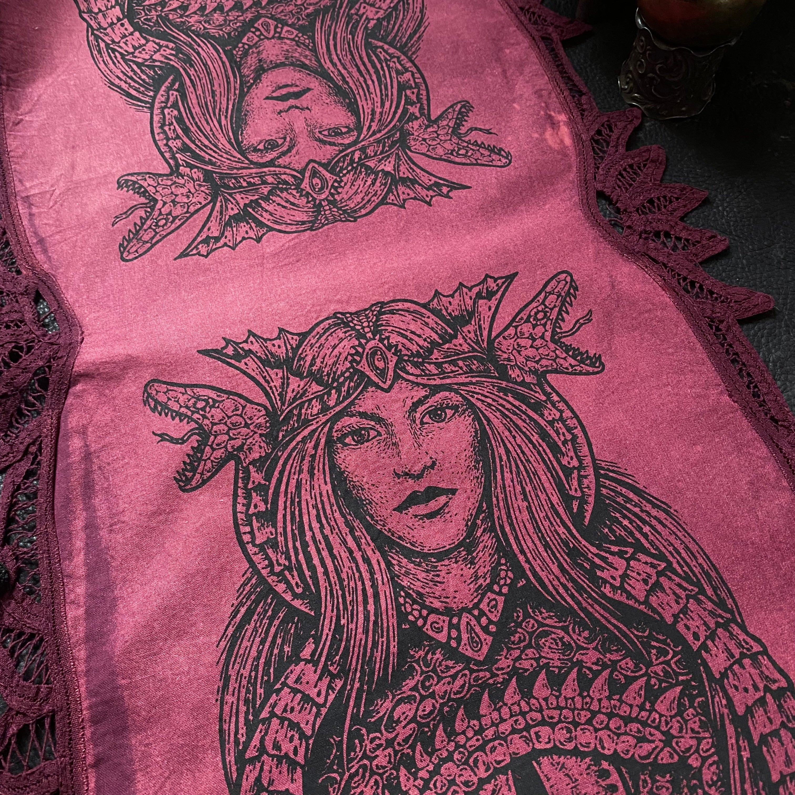 Dragon Empress altar cloth runner in Sunset Berry, one-of-a-kind
