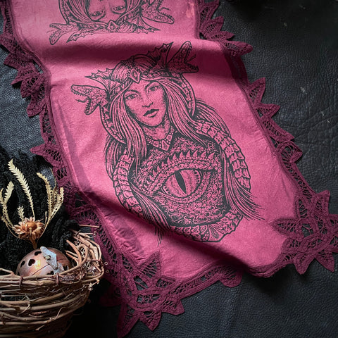 Dragon Empress altar cloth runner in Sunset Berry, one-of-a-kind