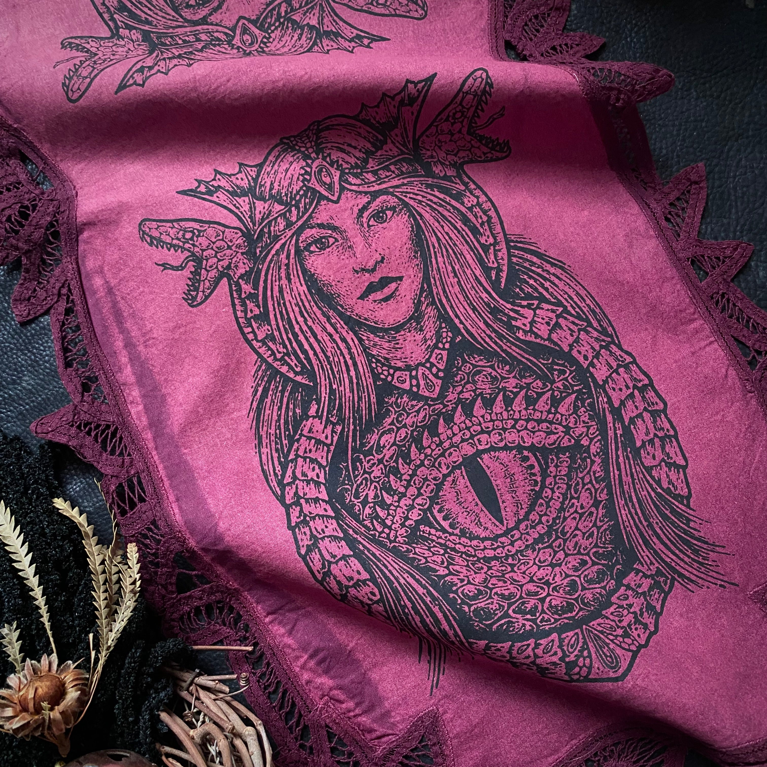 Dragon Empress altar cloth runner in Sunset Berry, one-of-a-kind