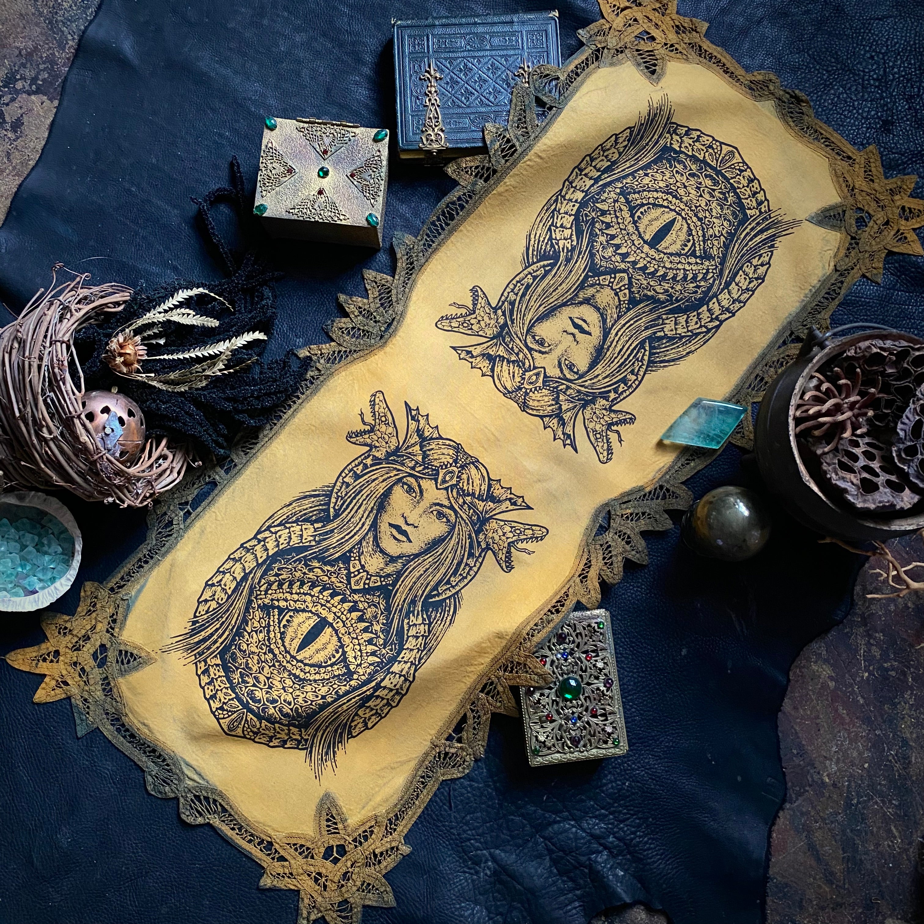Dragon Empress altar cloth runner in Goldenrod Field, one-of-a-kind