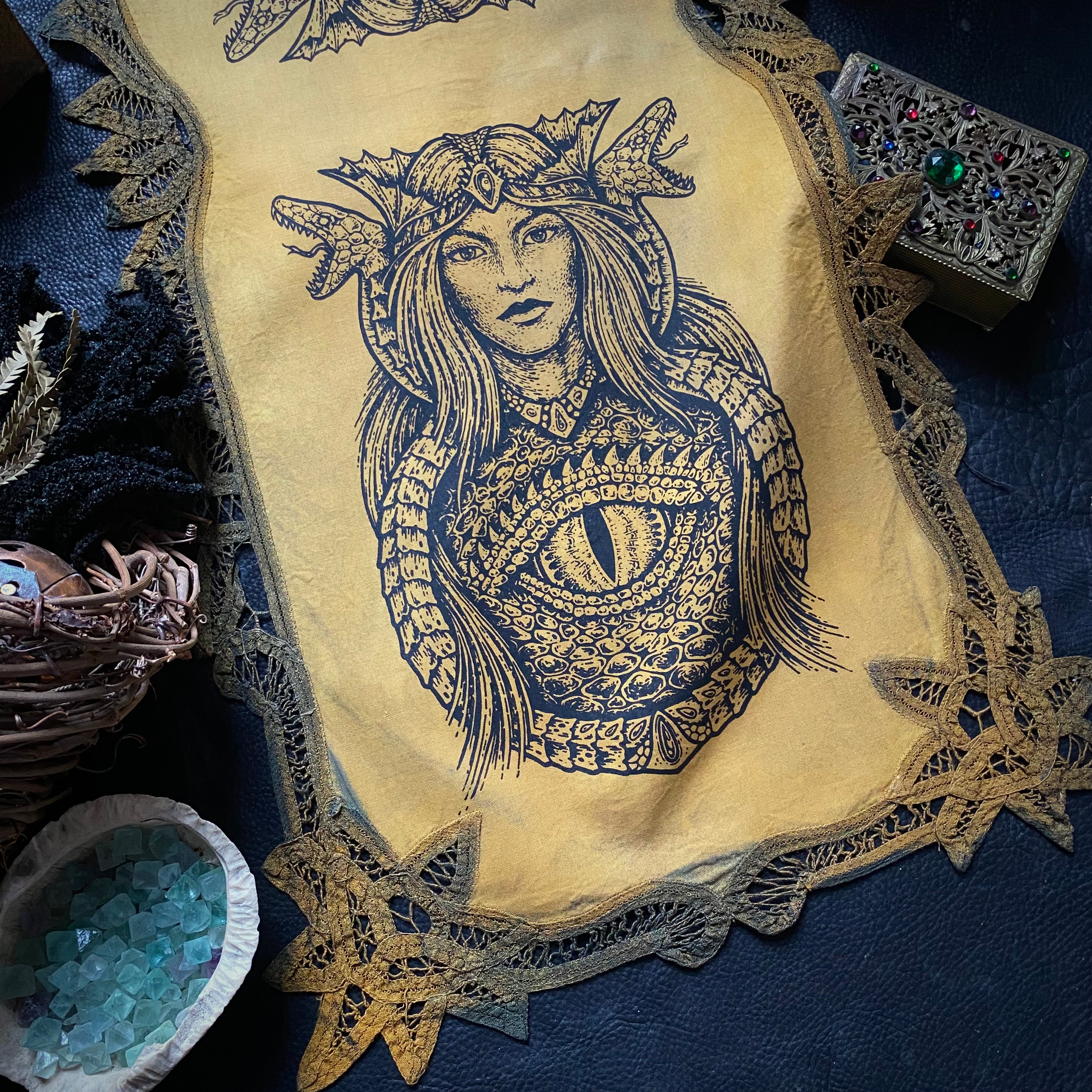 Dragon Empress altar cloth runner in Goldenrod Field, one-of-a-kind