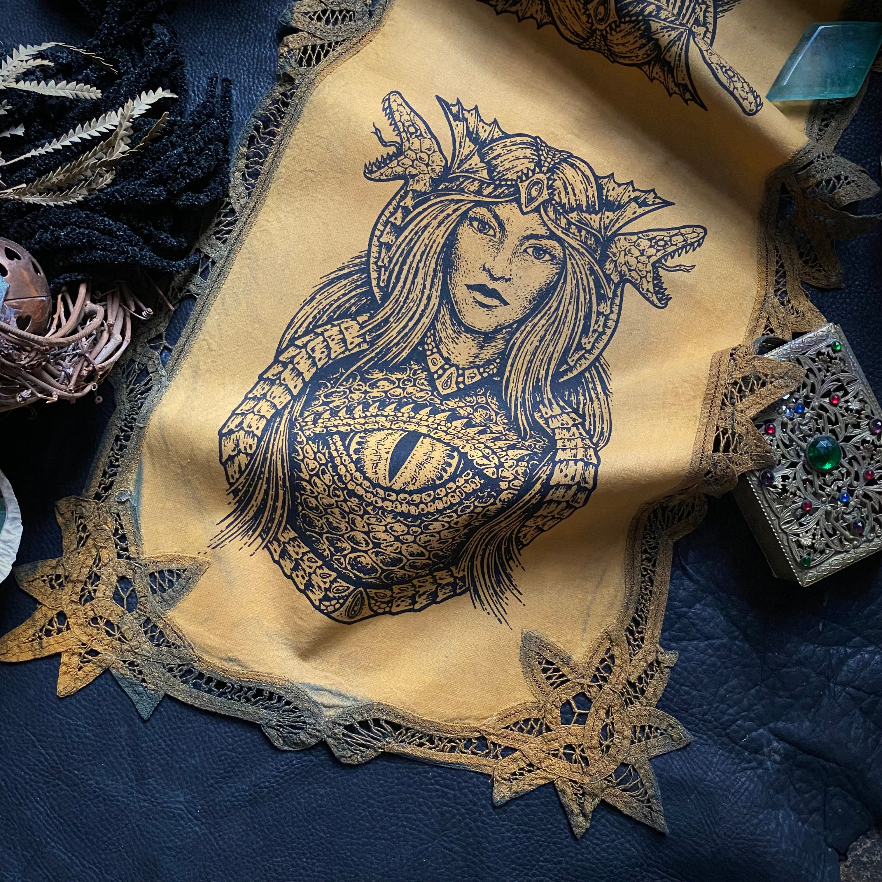 Dragon Empress altar cloth runner in Goldenrod Field, one-of-a-kind