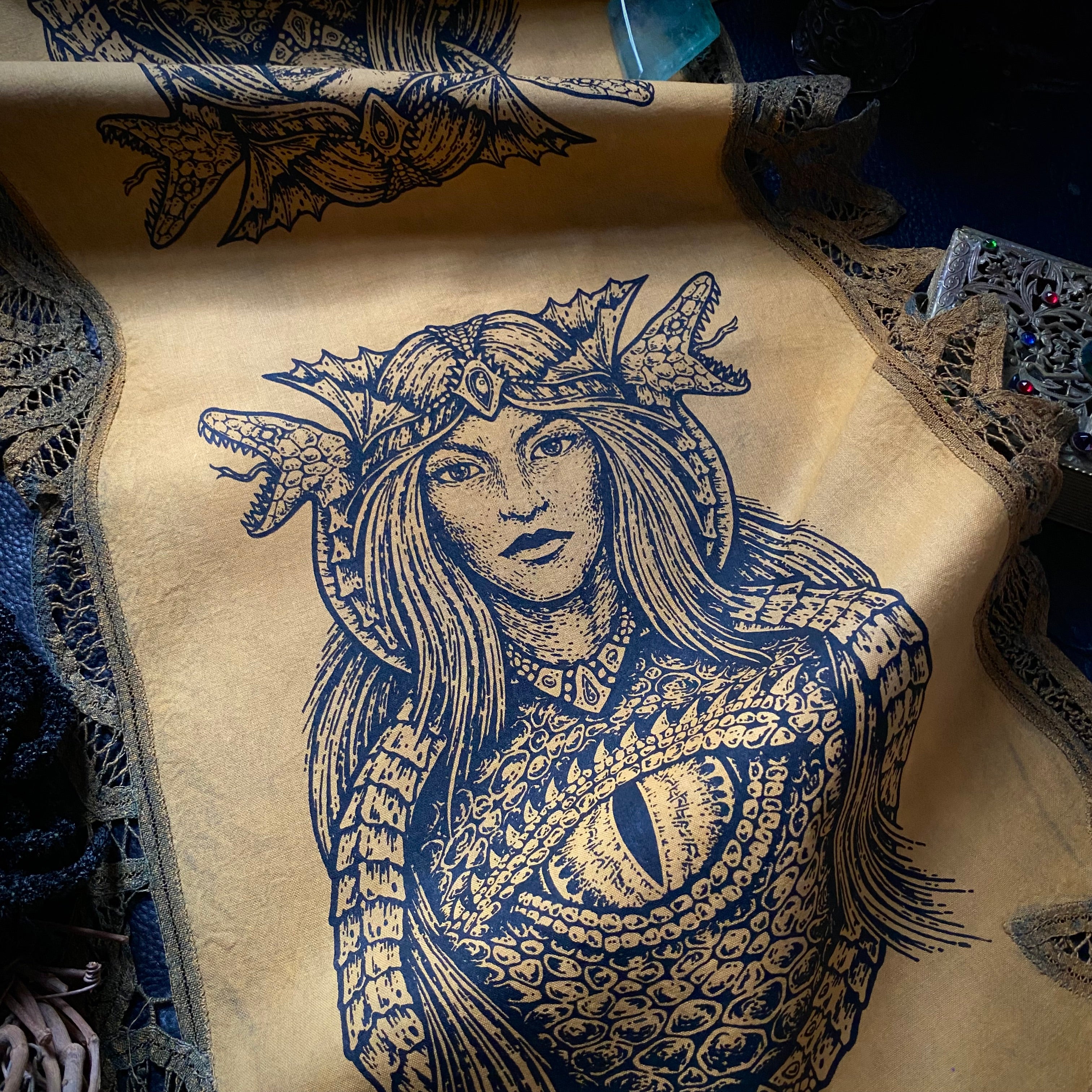 Dragon Empress altar cloth runner in Goldenrod Field, one-of-a-kind
