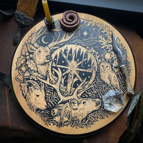 Winter's Wheel screen printed lazy susan altar piece