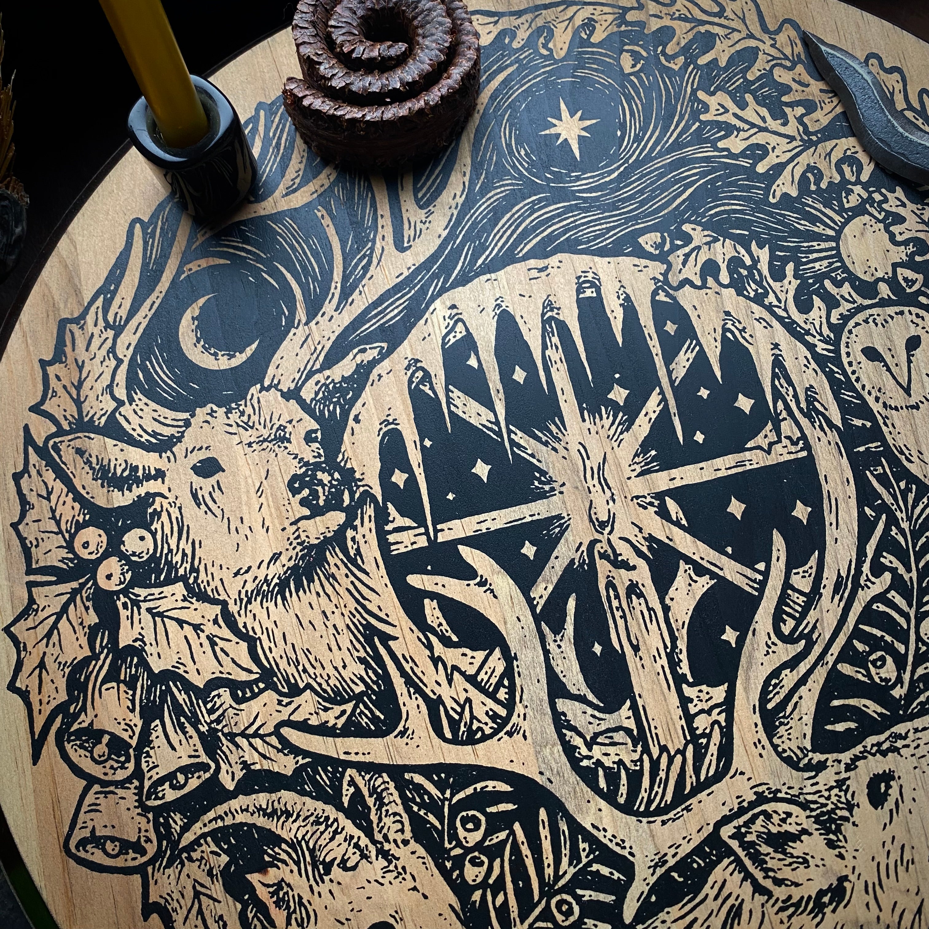 Winter's Wheel screen printed lazy susan altar piece