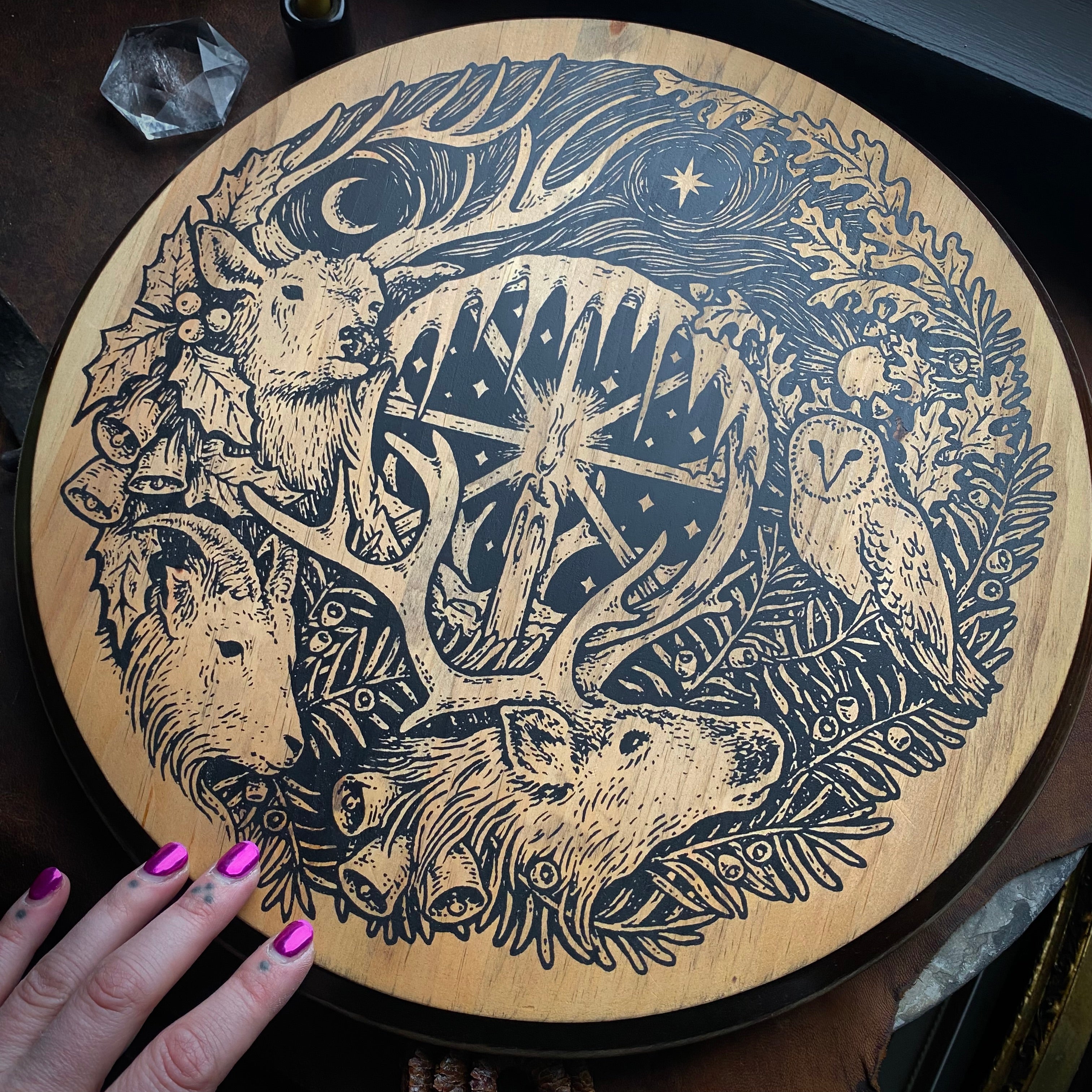 Winter's Wheel screen printed lazy susan altar piece