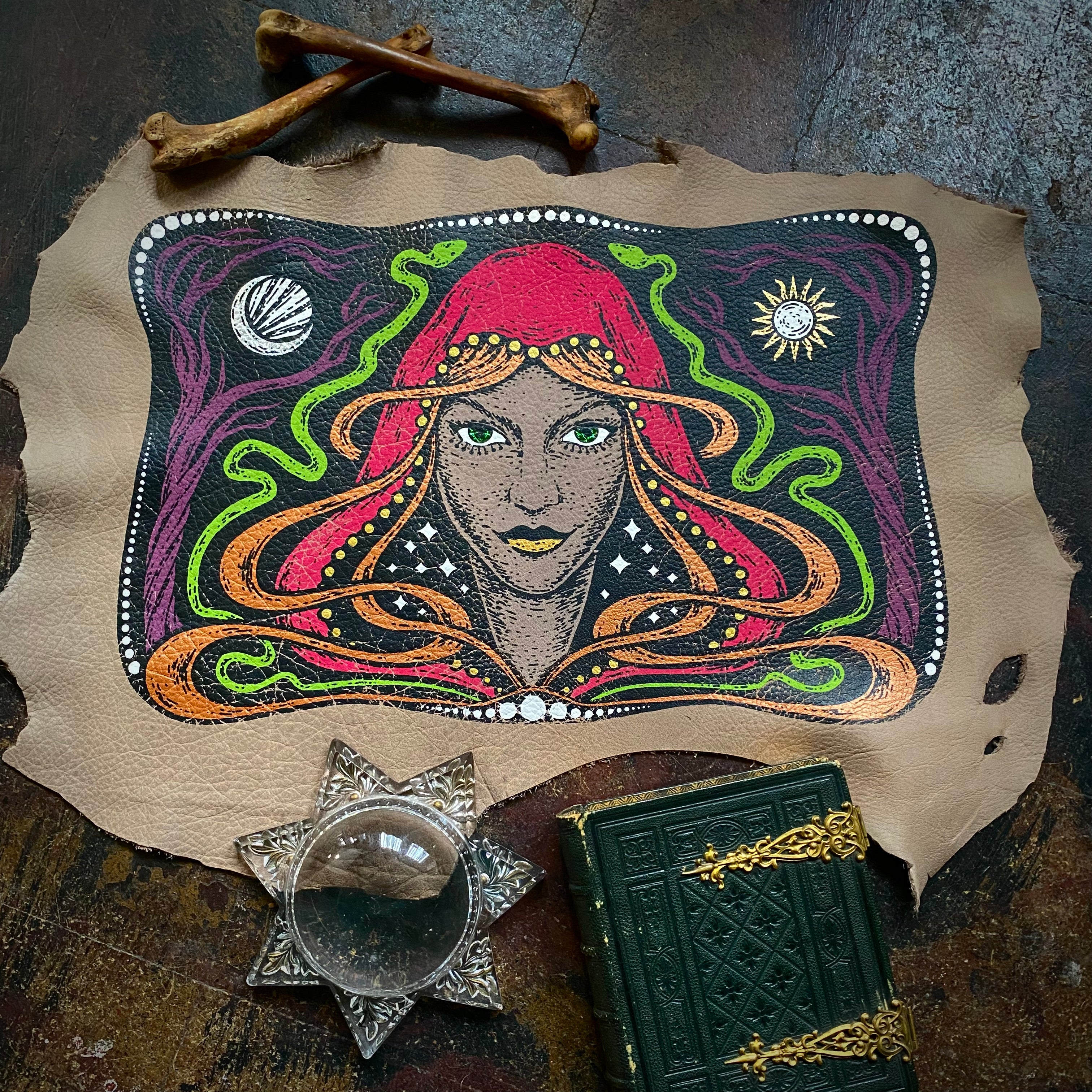 Starspell FULL COLOR tan leather altar cloth, one-of-a-kind