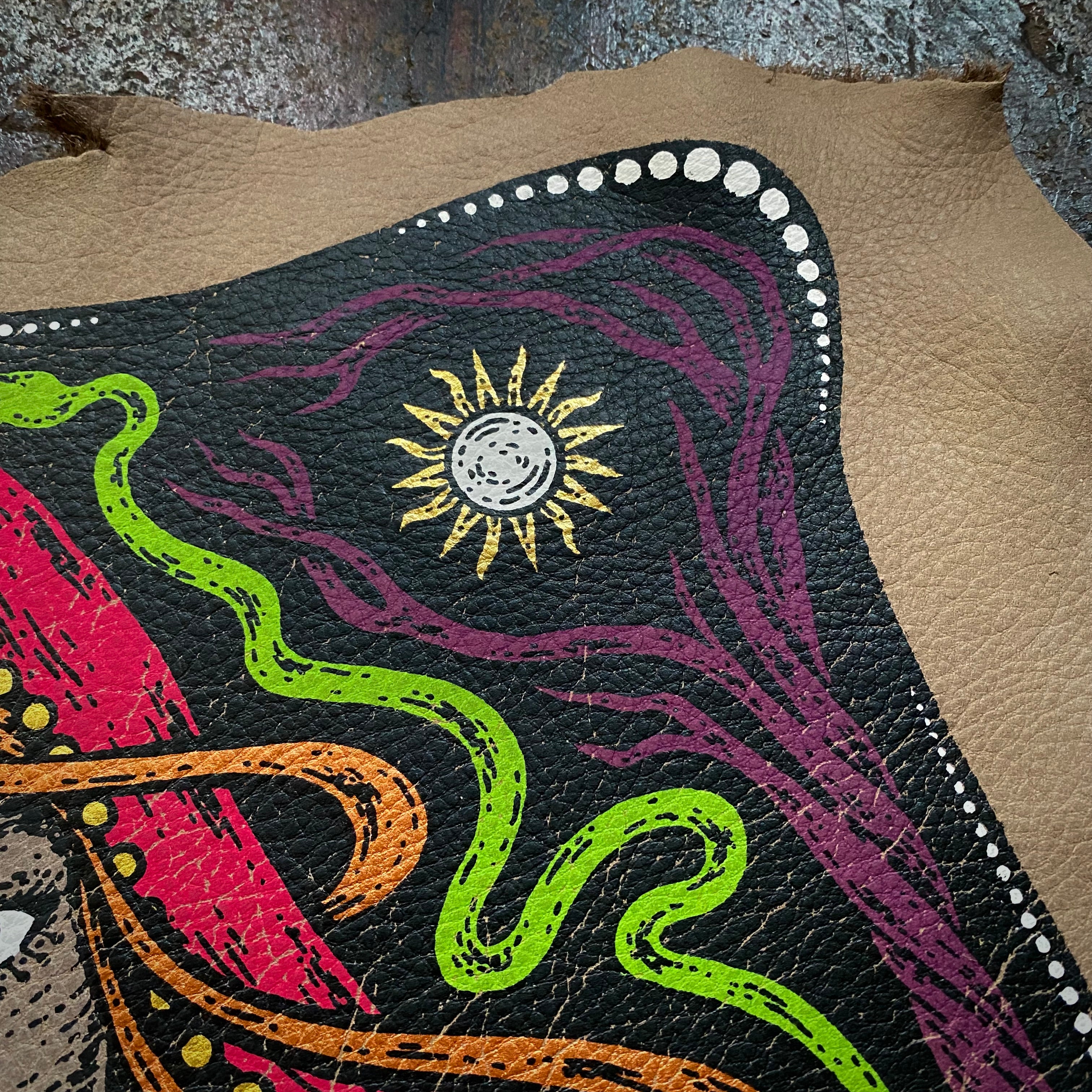 Starspell FULL COLOR tan leather altar cloth, one-of-a-kind