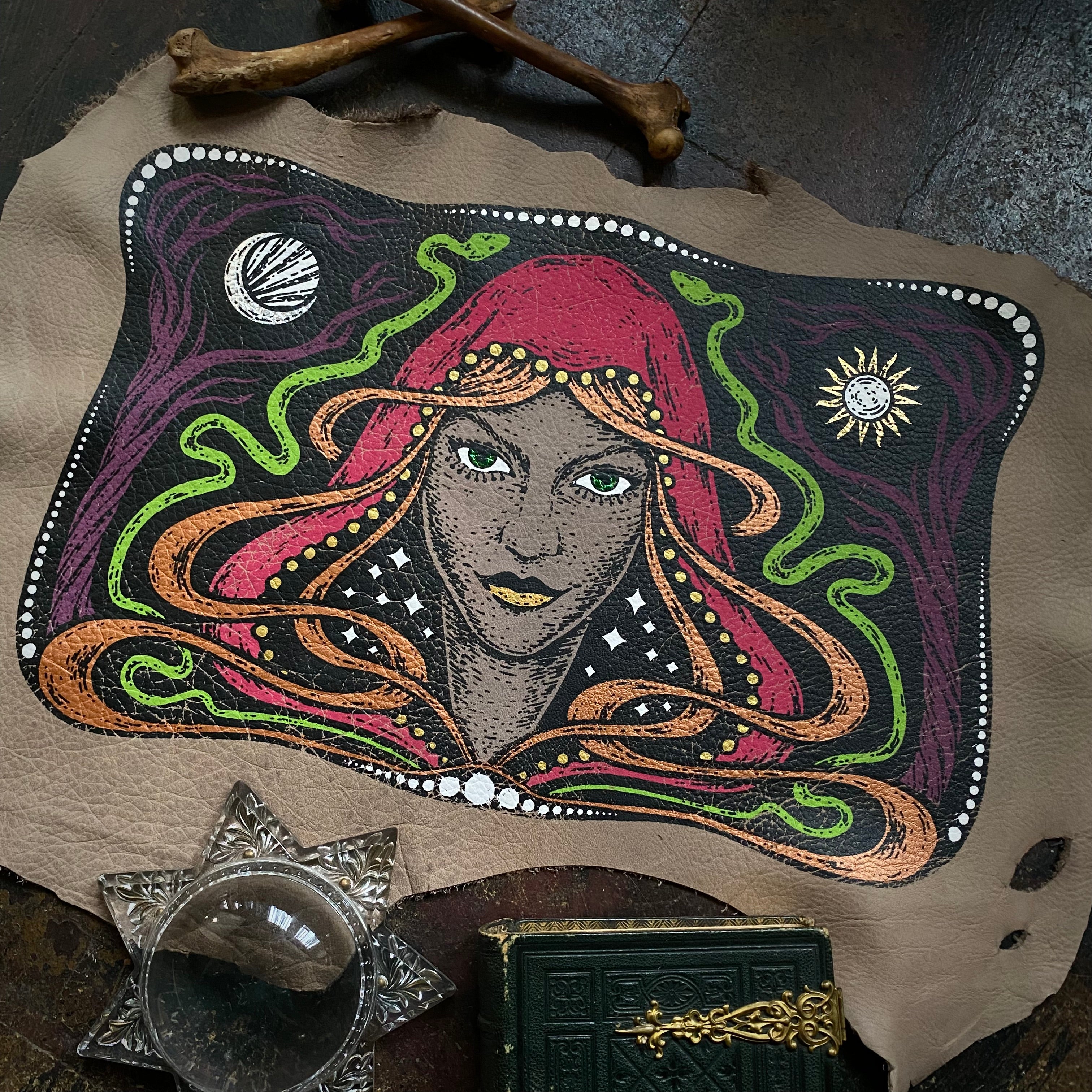 Starspell FULL COLOR tan leather altar cloth, one-of-a-kind