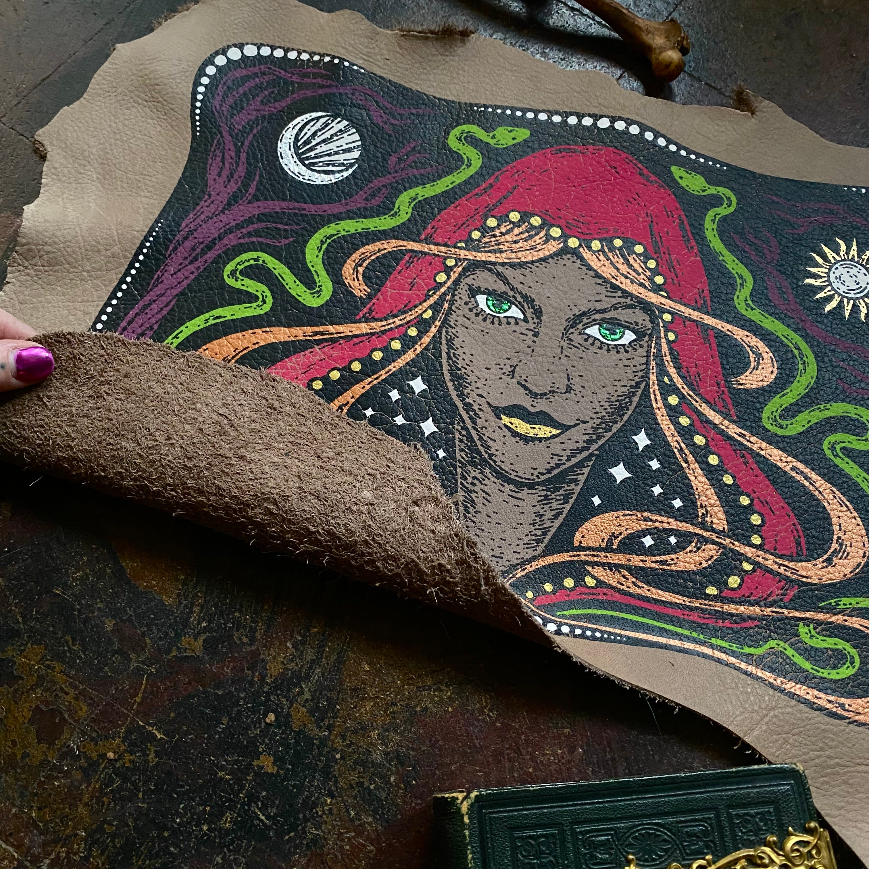 Starspell FULL COLOR tan leather altar cloth, one-of-a-kind