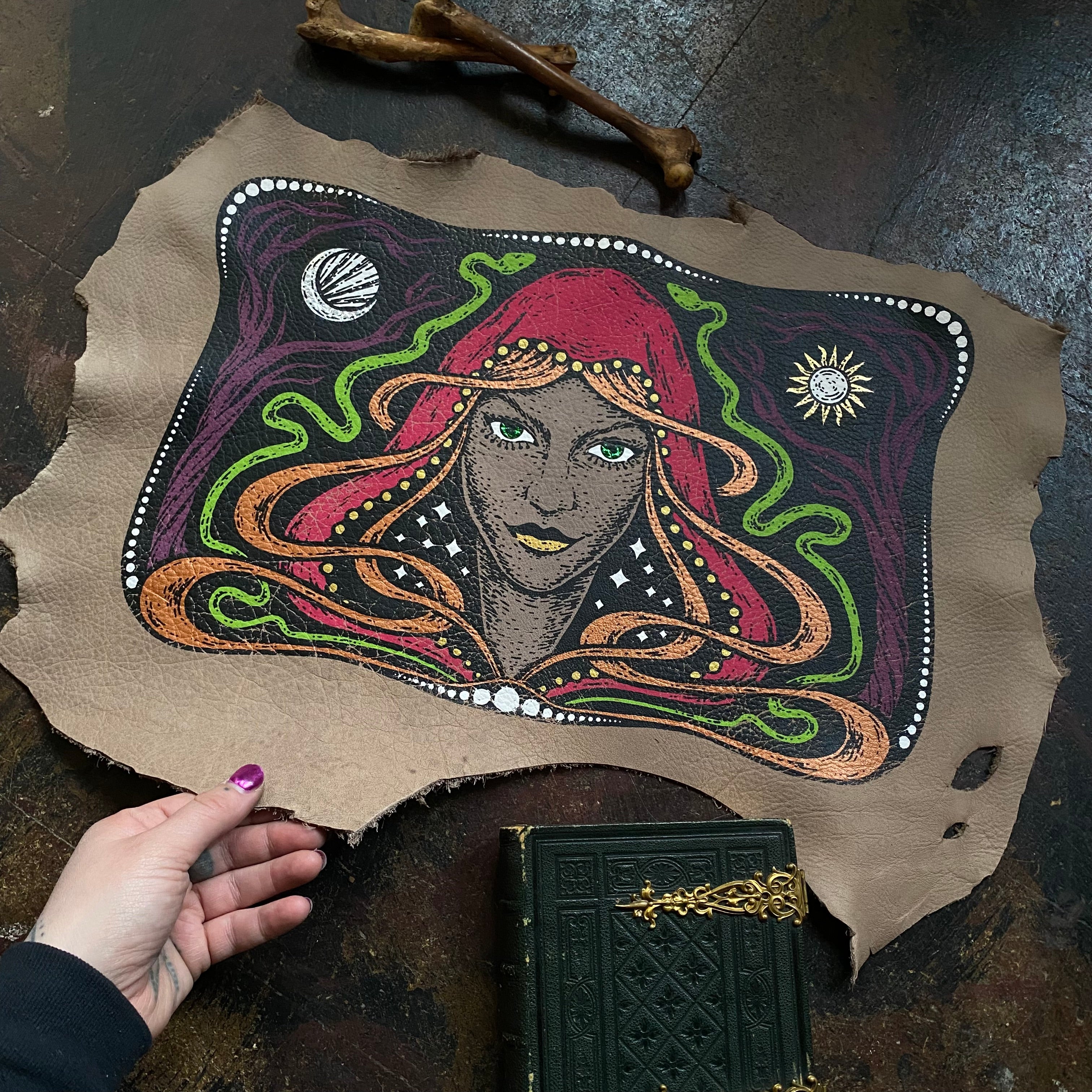 Starspell FULL COLOR tan leather altar cloth, one-of-a-kind