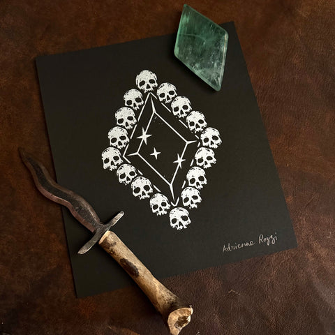 Death Diamond screen print on black paper