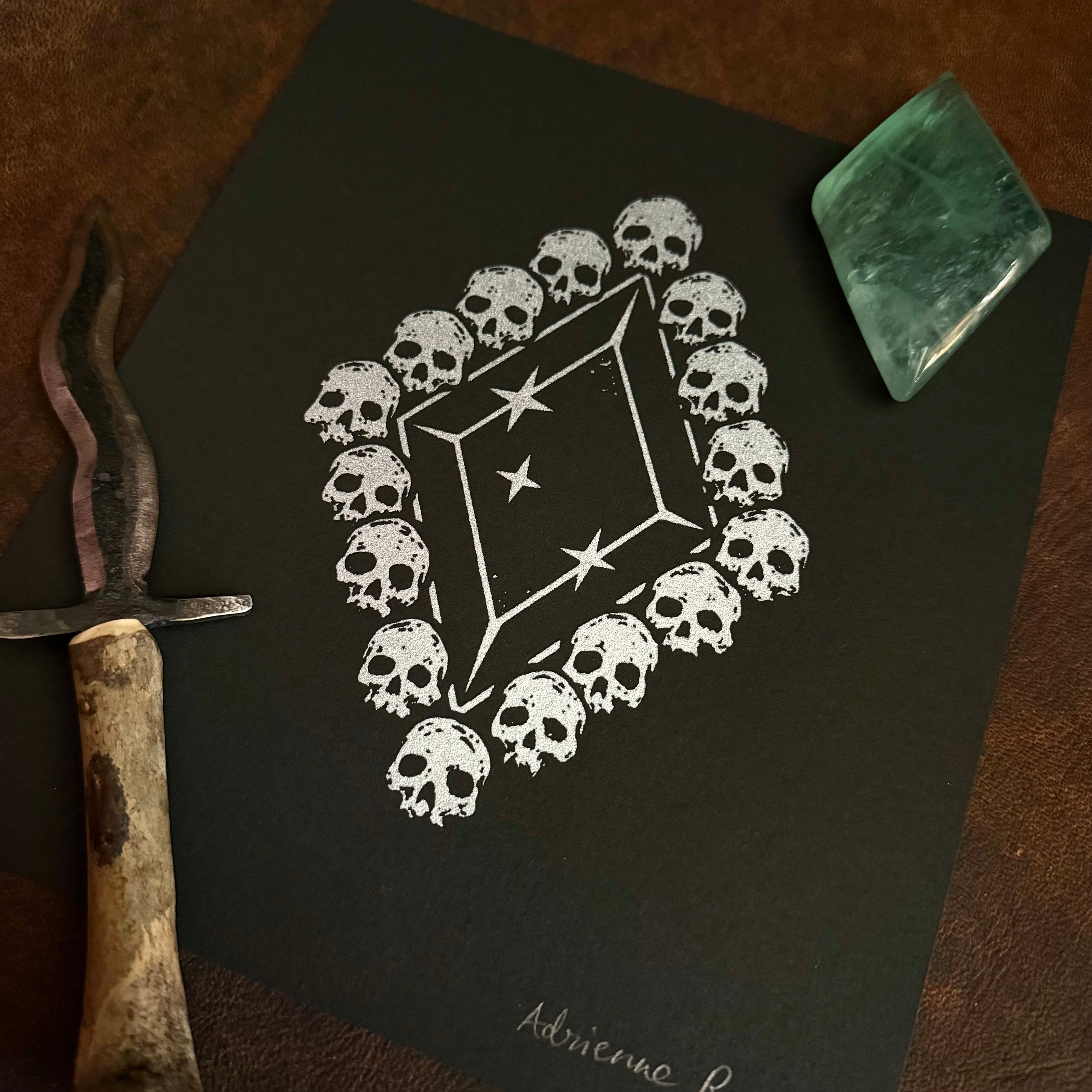 Death Diamond screen print on black paper