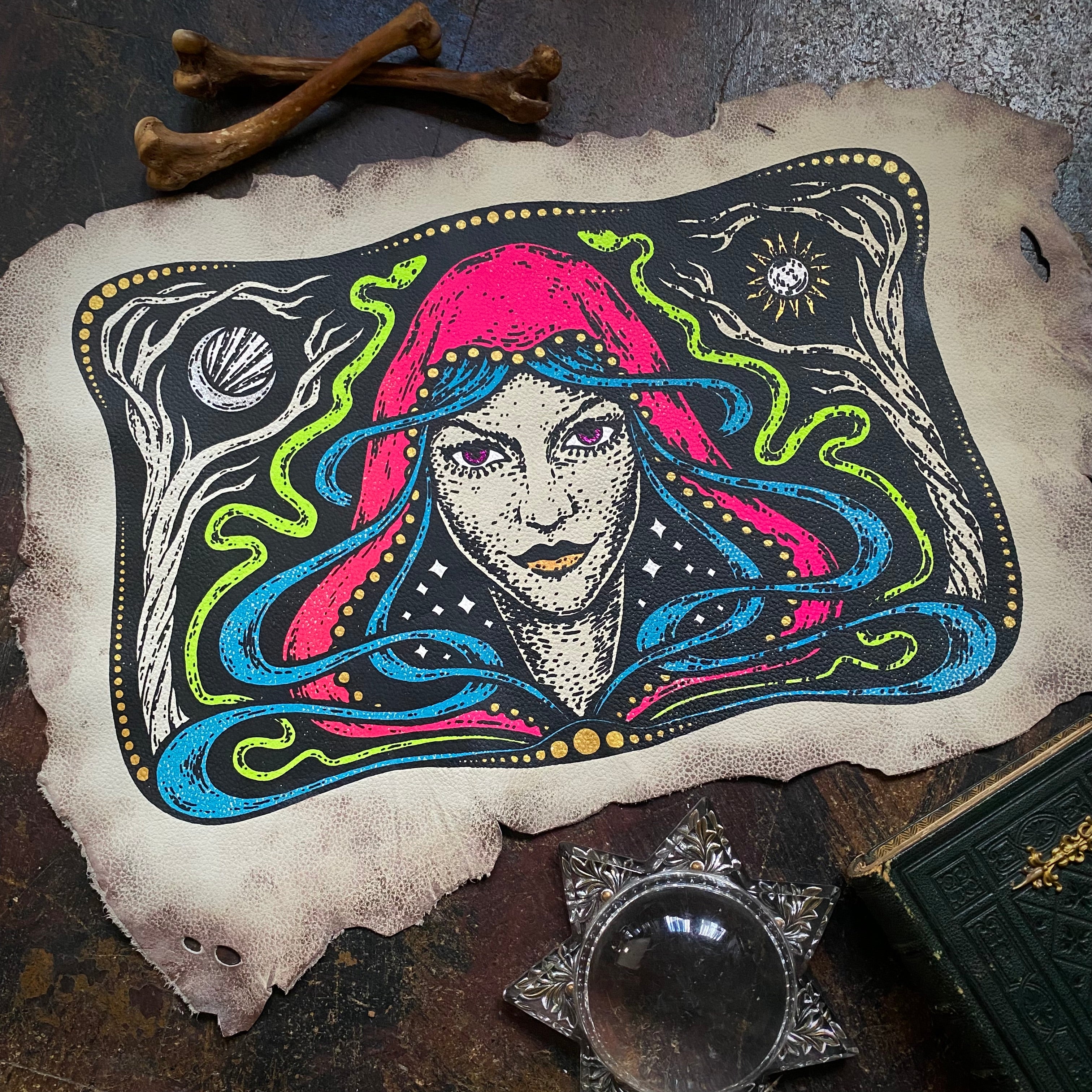 Starspell FULL COLOR ivory leather altar cloth, one-of-a-kind