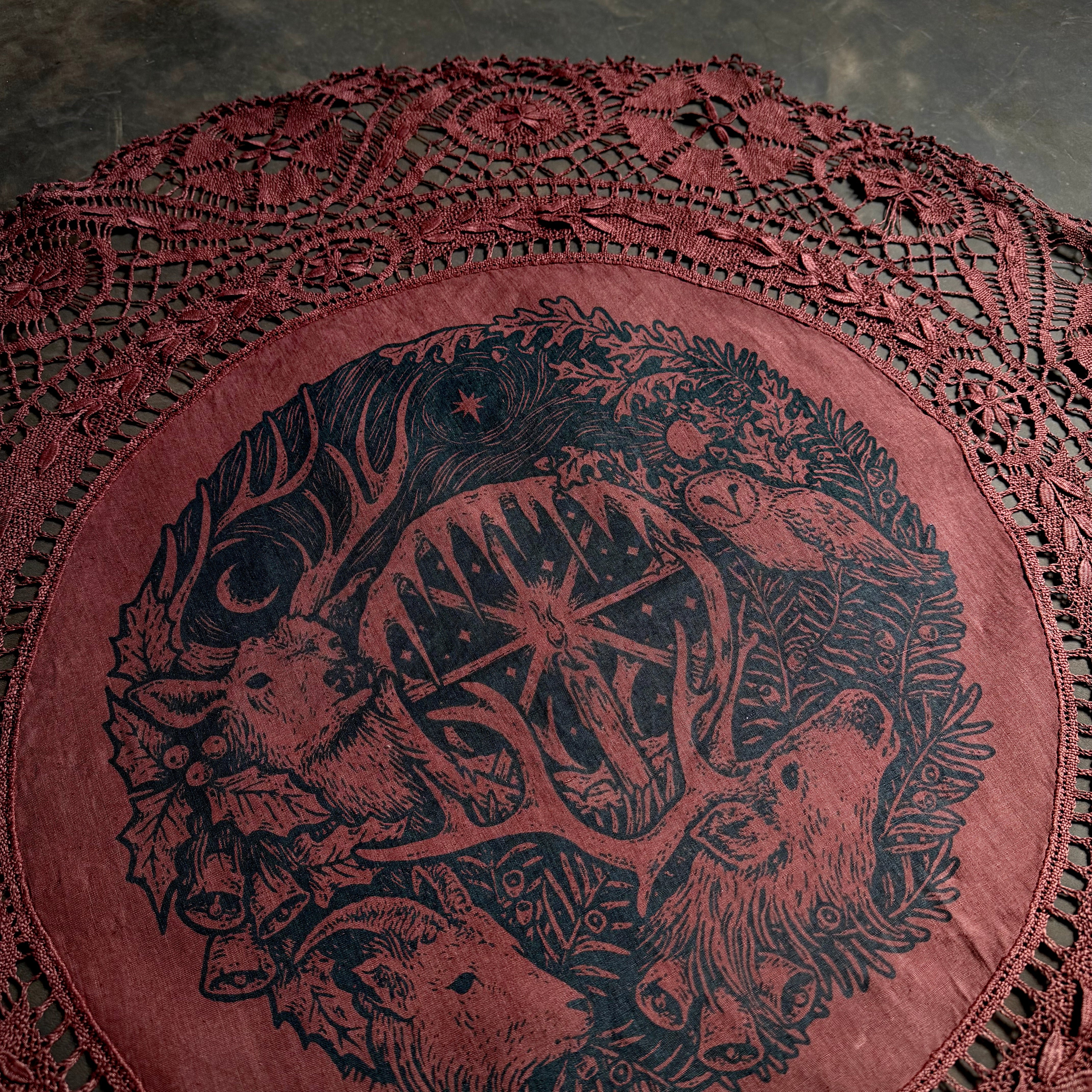 Winter's Wheel round altar cloth in Wine, one-of-a-kind