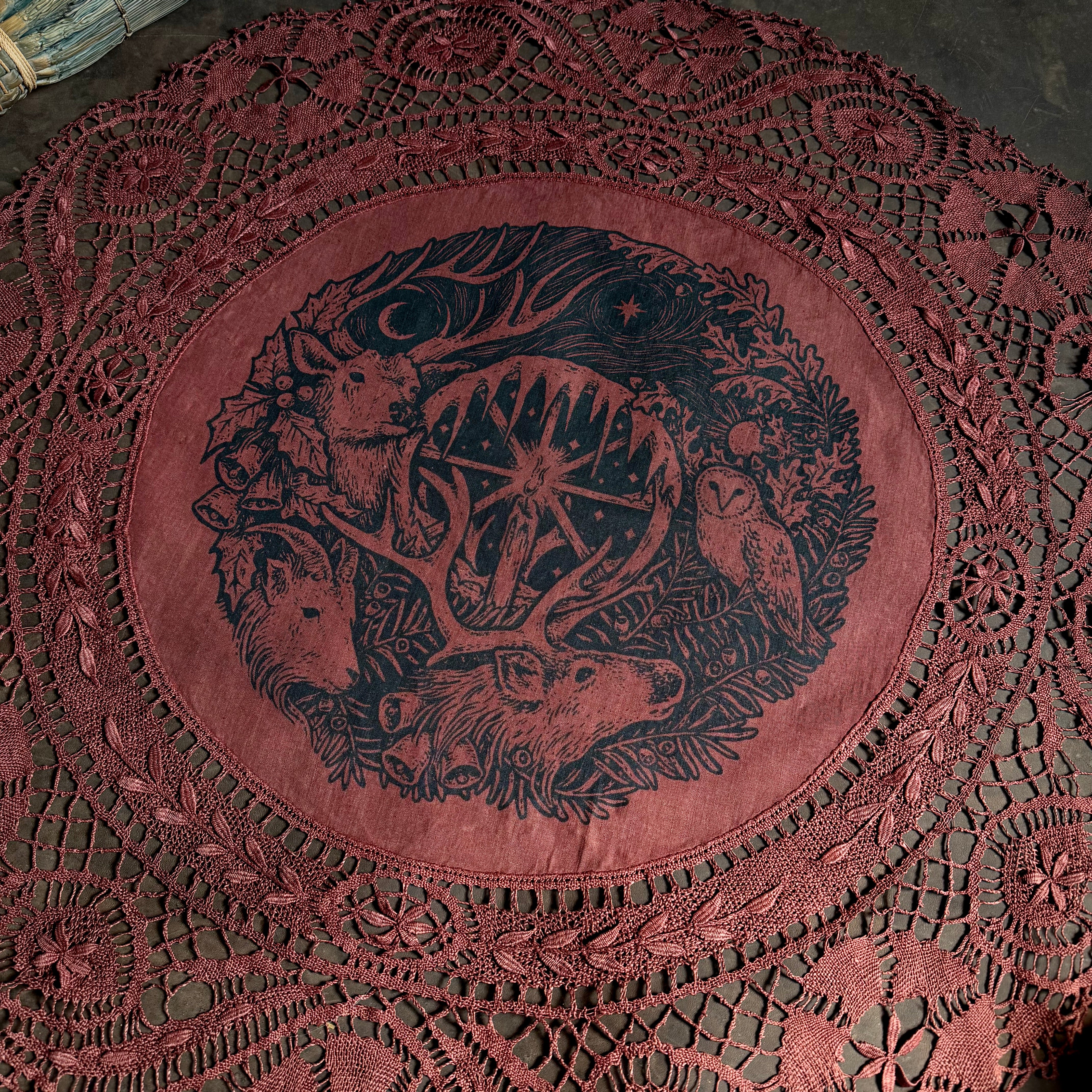 Winter's Wheel round altar cloth in Wine, one-of-a-kind