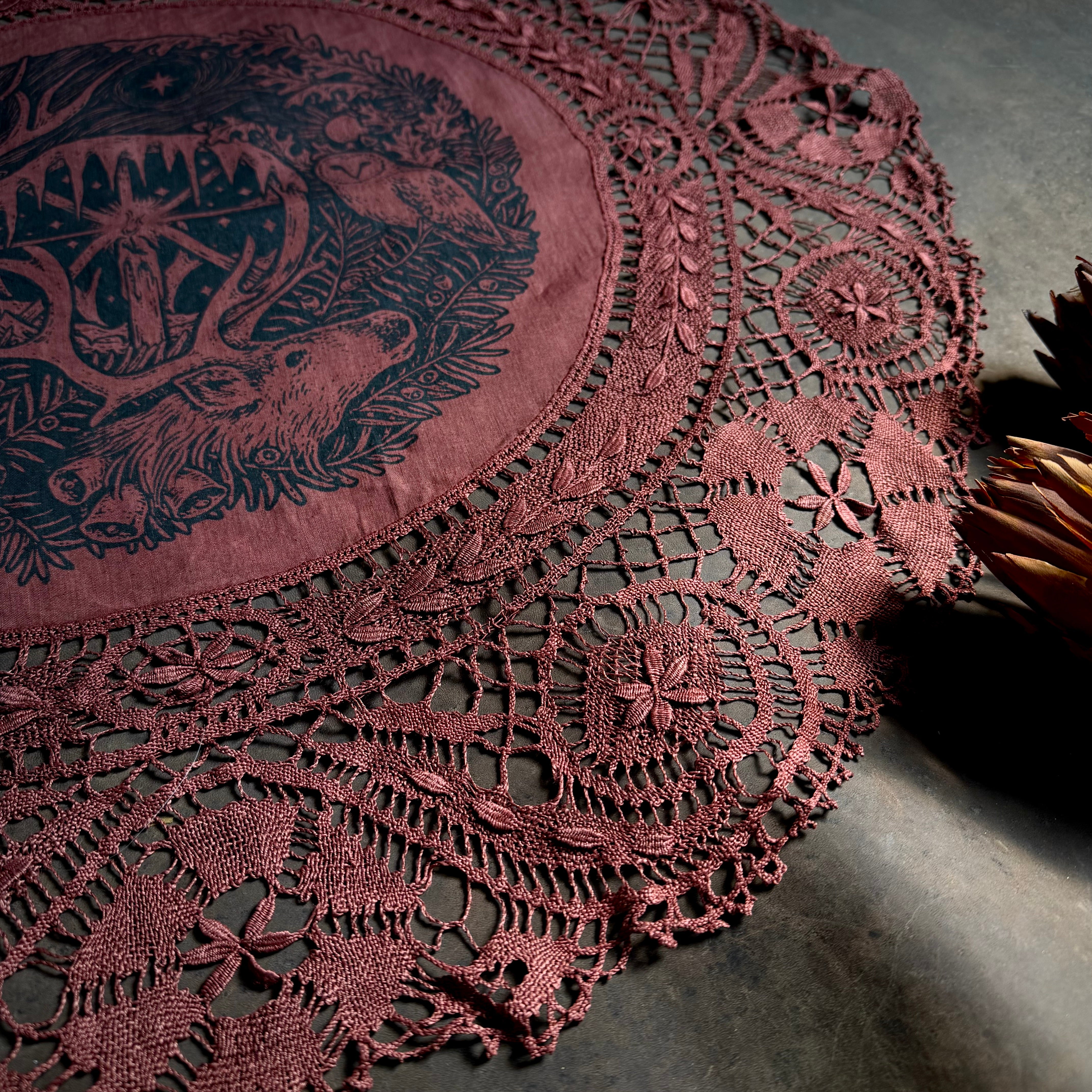Winter's Wheel round altar cloth in Wine, one-of-a-kind
