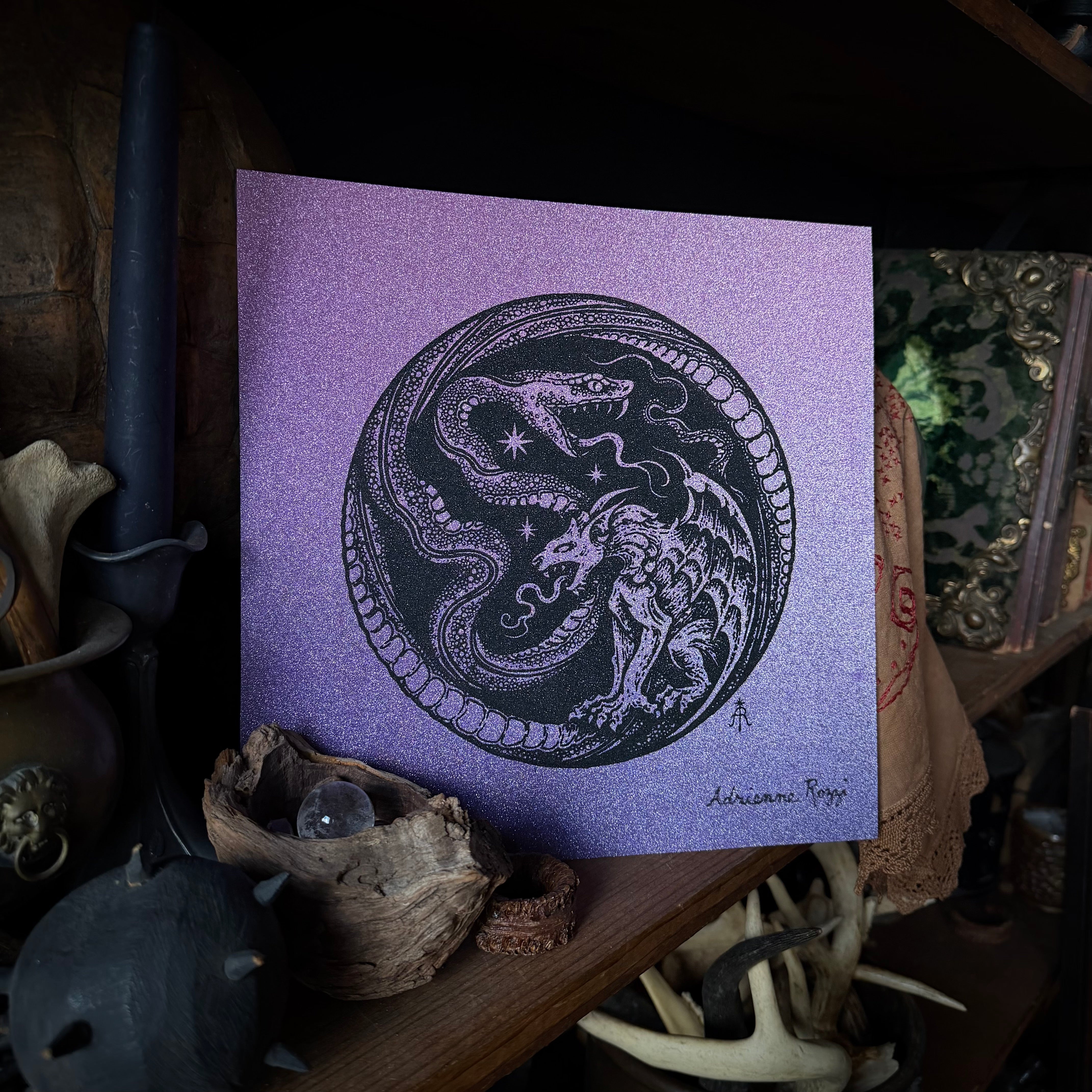 Serpent Hour screen print on glitter paper, limited