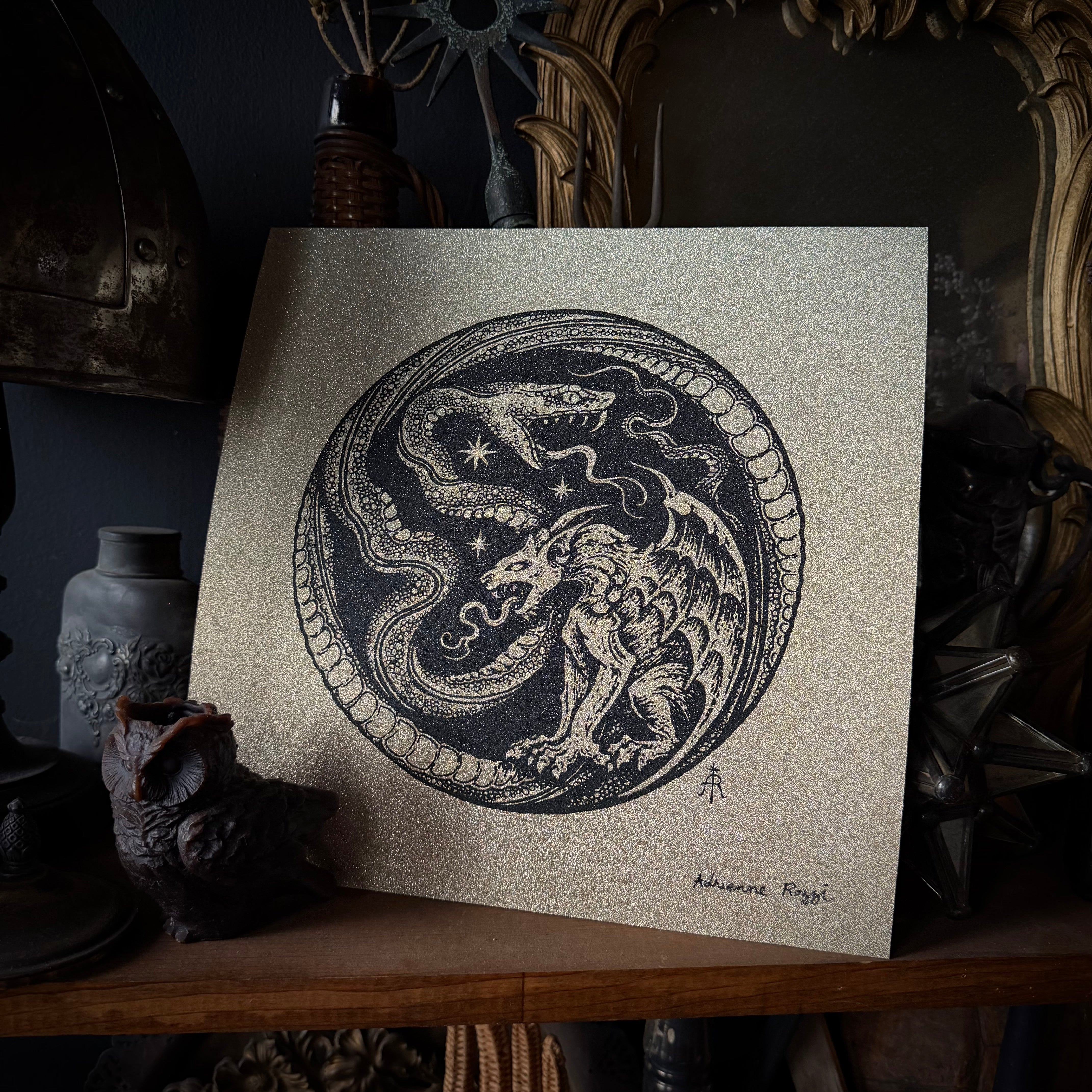 Serpent Hour screen print on glitter paper, limited