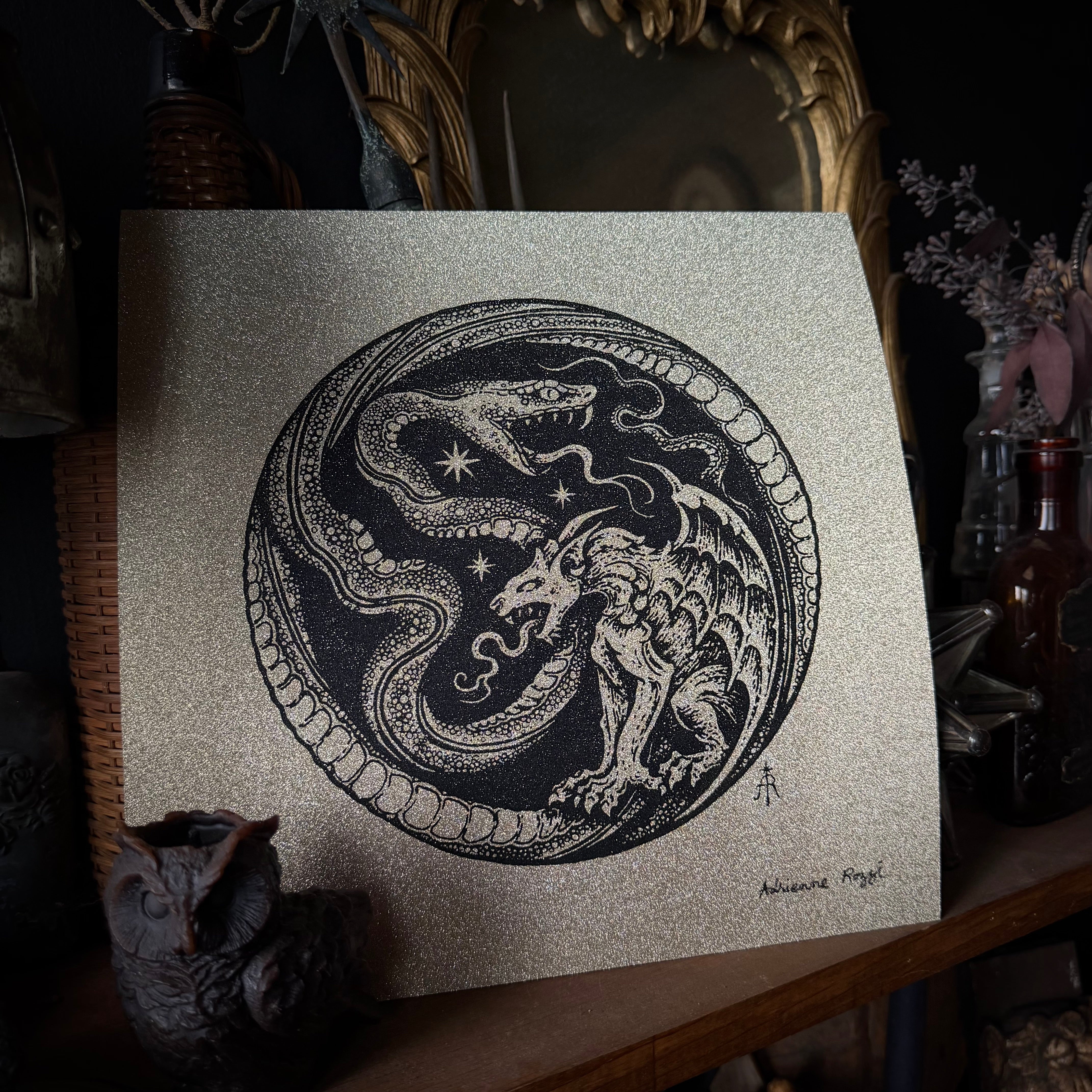Serpent Hour screen print on glitter paper, limited