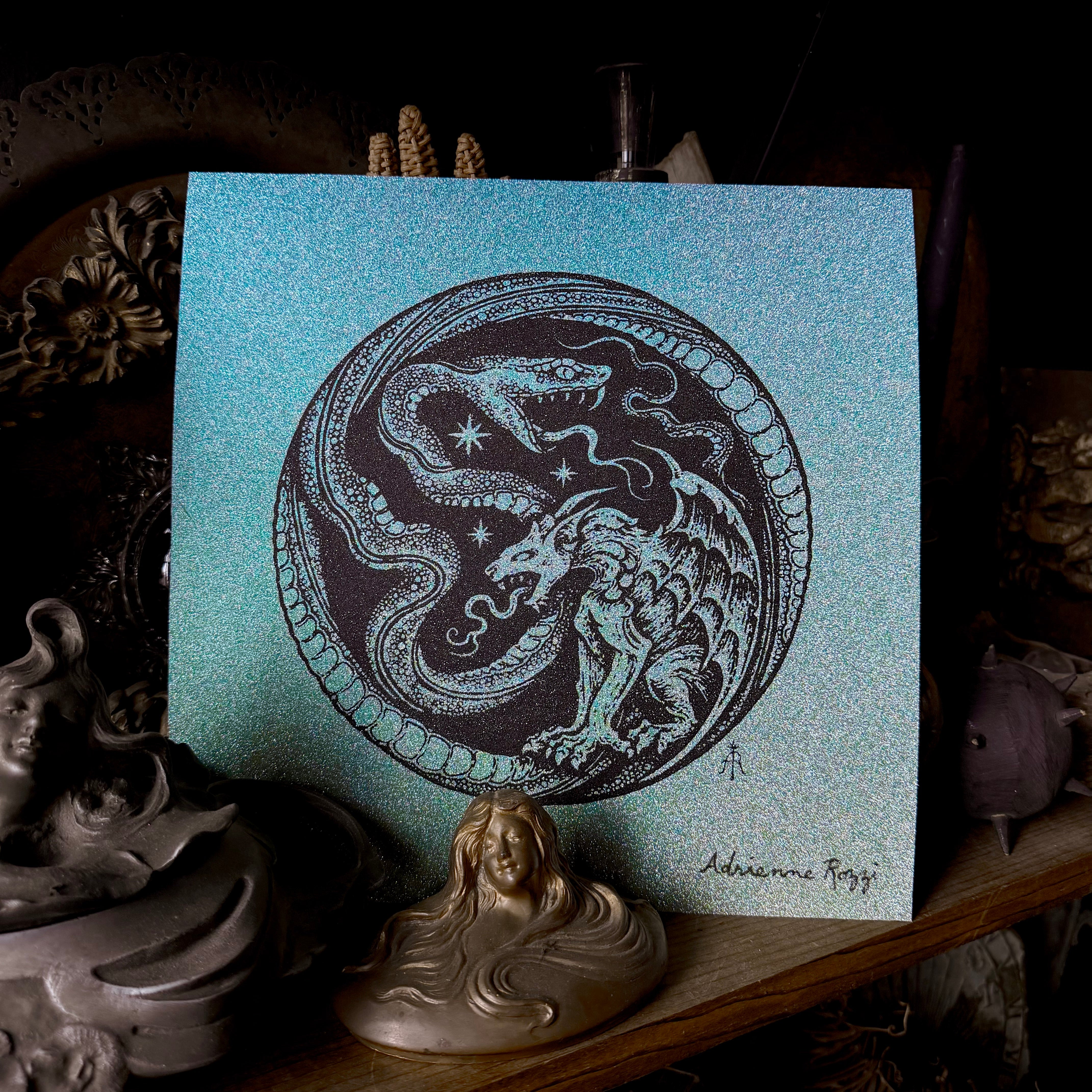 Serpent Hour screen print on glitter paper, limited