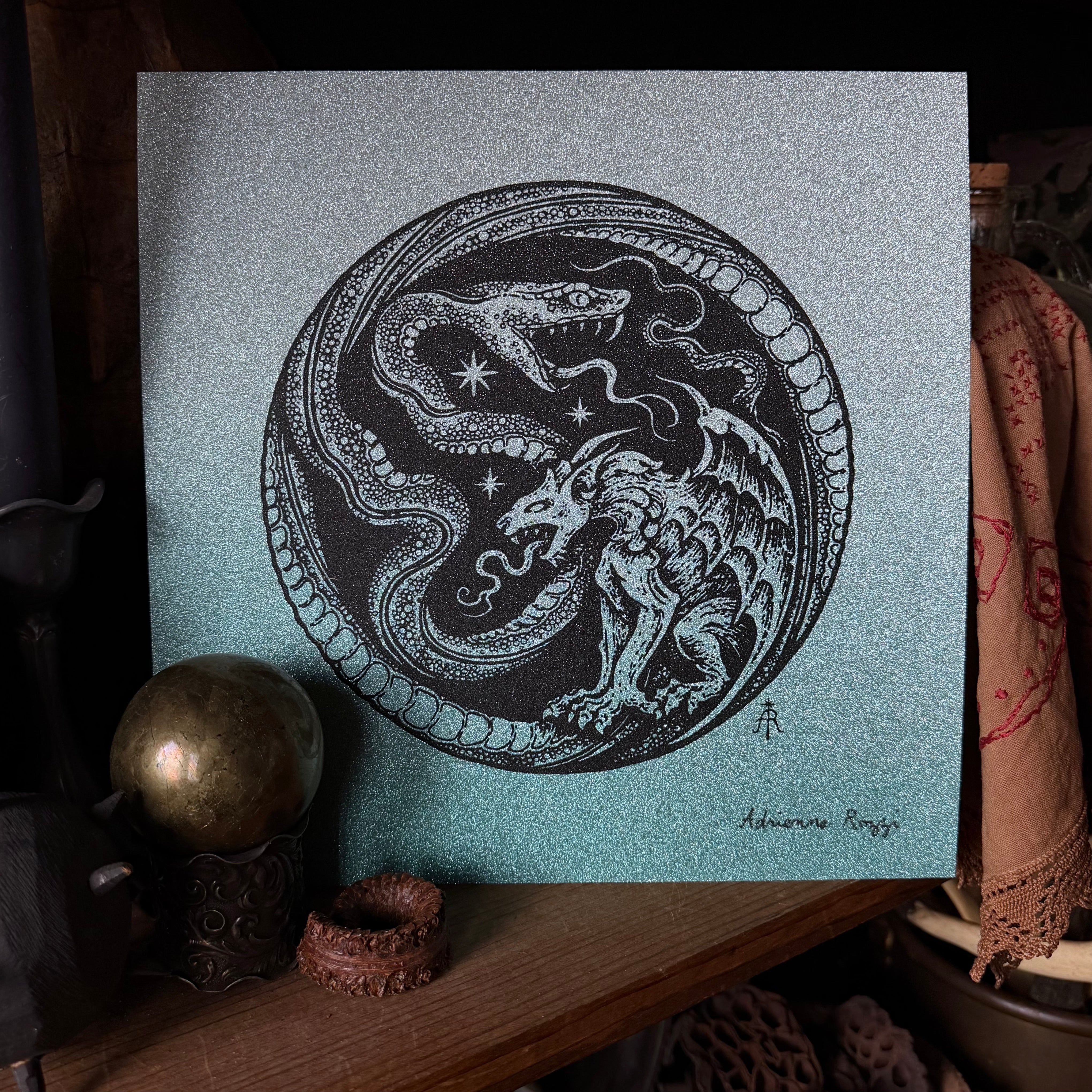 Serpent Hour screen print on glitter paper, limited