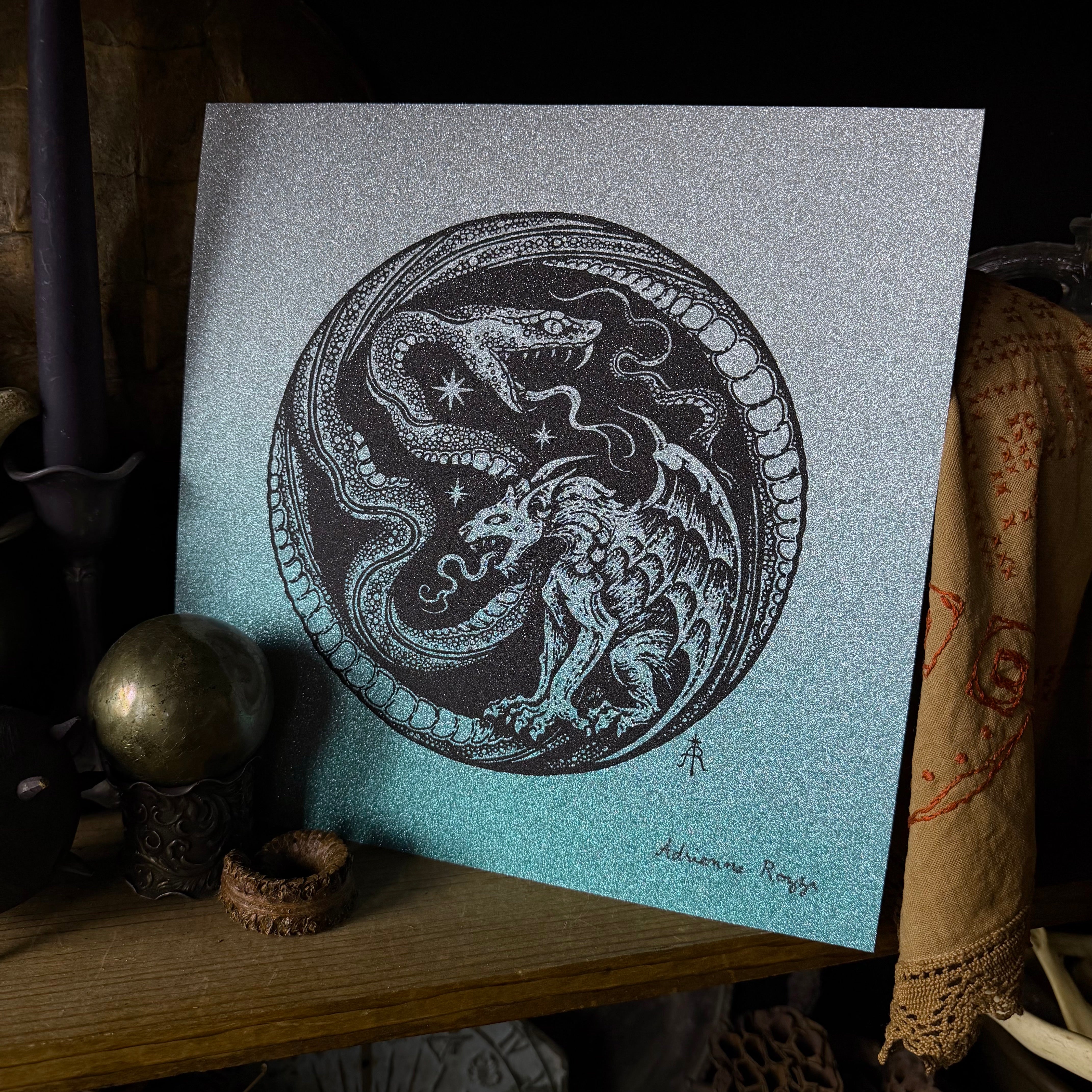 Serpent Hour screen print on glitter paper, limited
