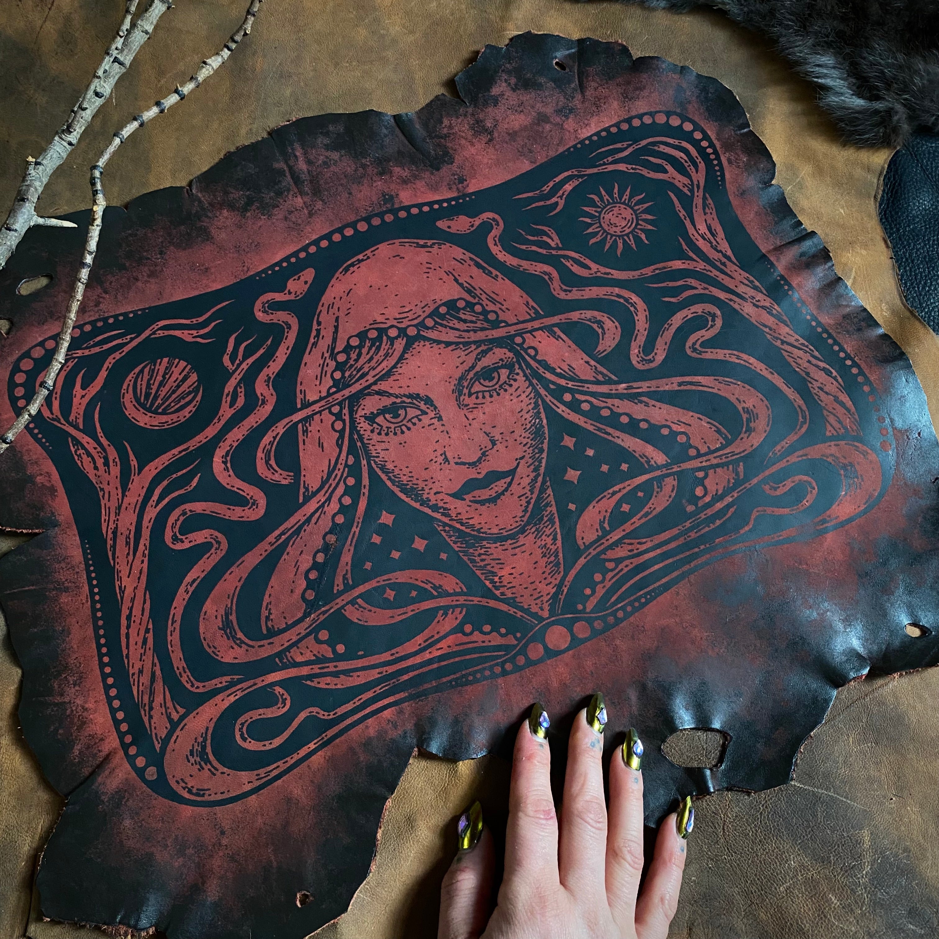 Starspell leather altar cloth #2 in Garnet, one-of-a-kind