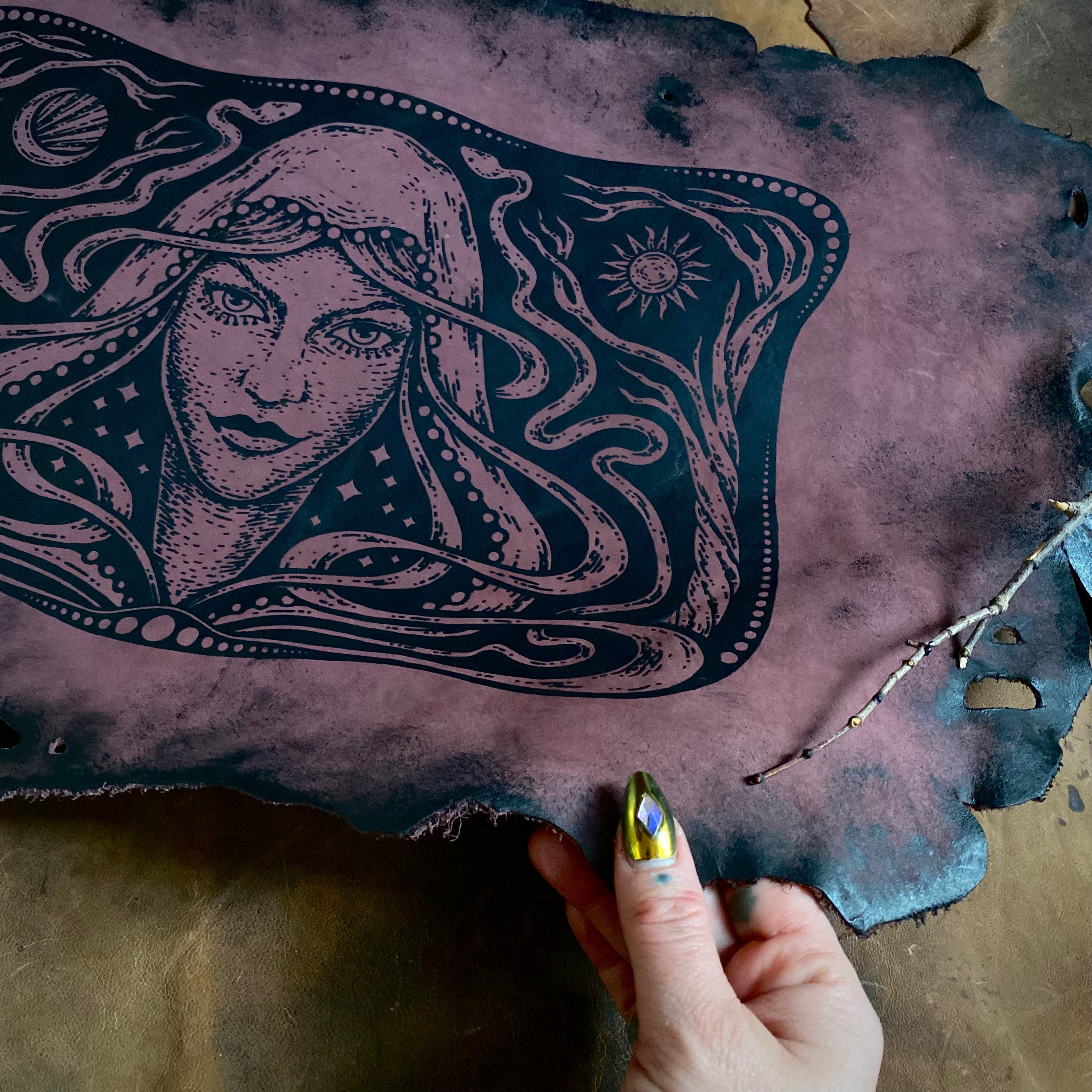 Starspell leather altar cloth #4 in Belladonna, one-of-a-kind