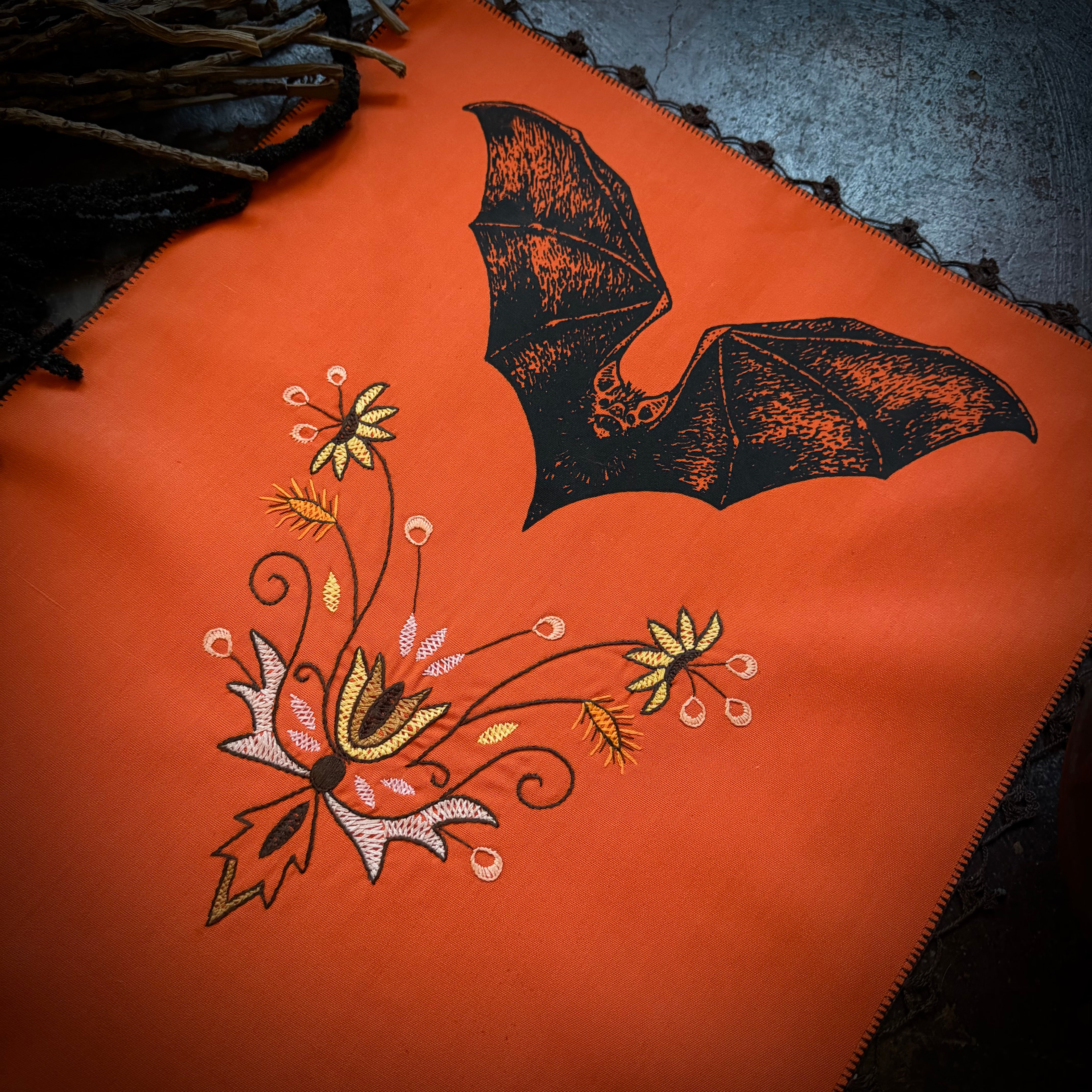 Vampire Bat altar cloth runner in Bright Pumpkin, one-of-a-kind