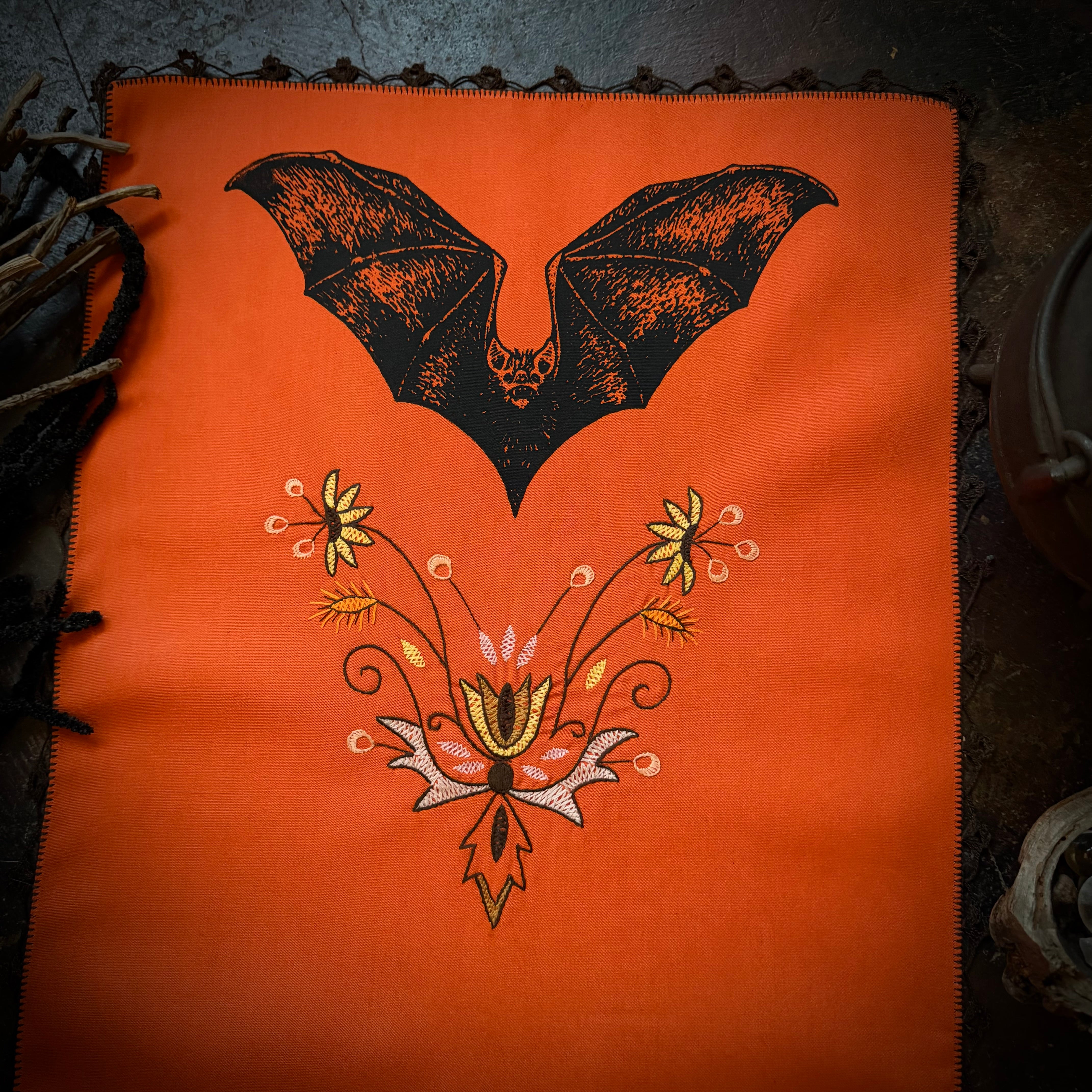 Vampire Bat altar cloth runner in Bright Pumpkin, one-of-a-kind