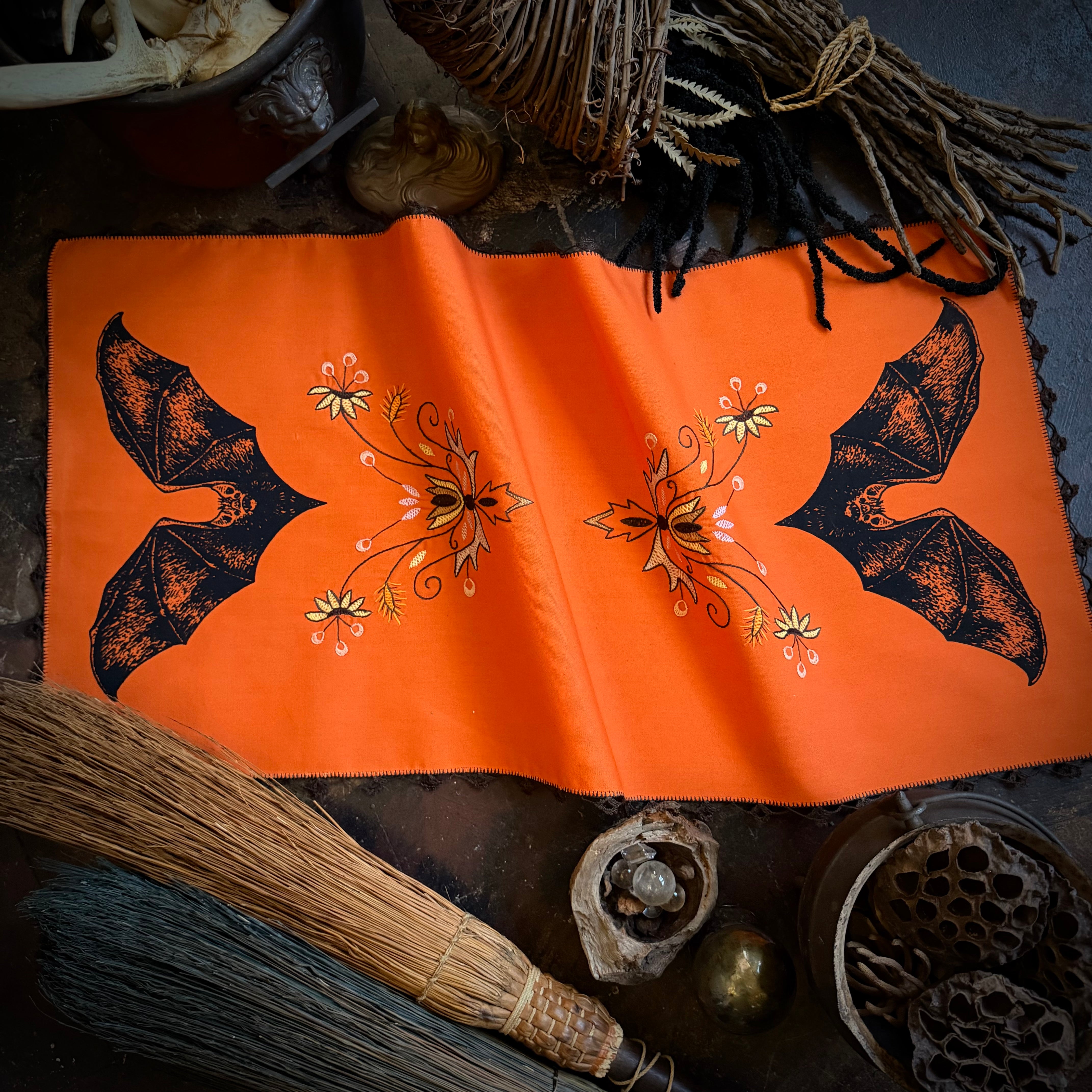 Vampire Bat altar cloth runner in Bright Pumpkin, one-of-a-kind