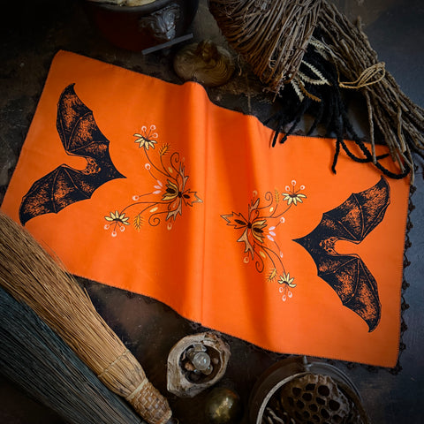 Vampire Bat altar cloth runner in Bright Pumpkin, one-of-a-kind