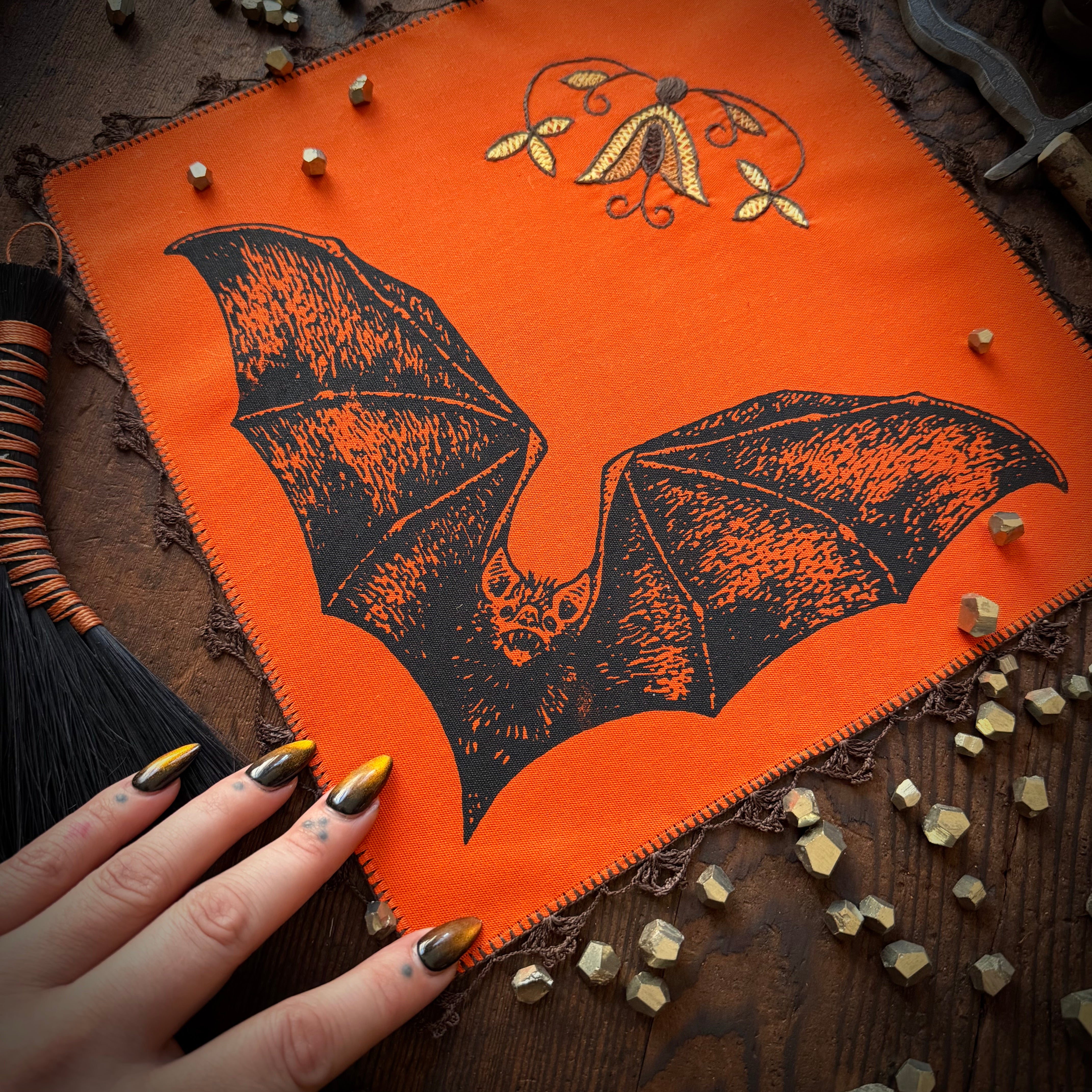 Vampire Bat altar cloth in Bright Pumpkin, limited edition