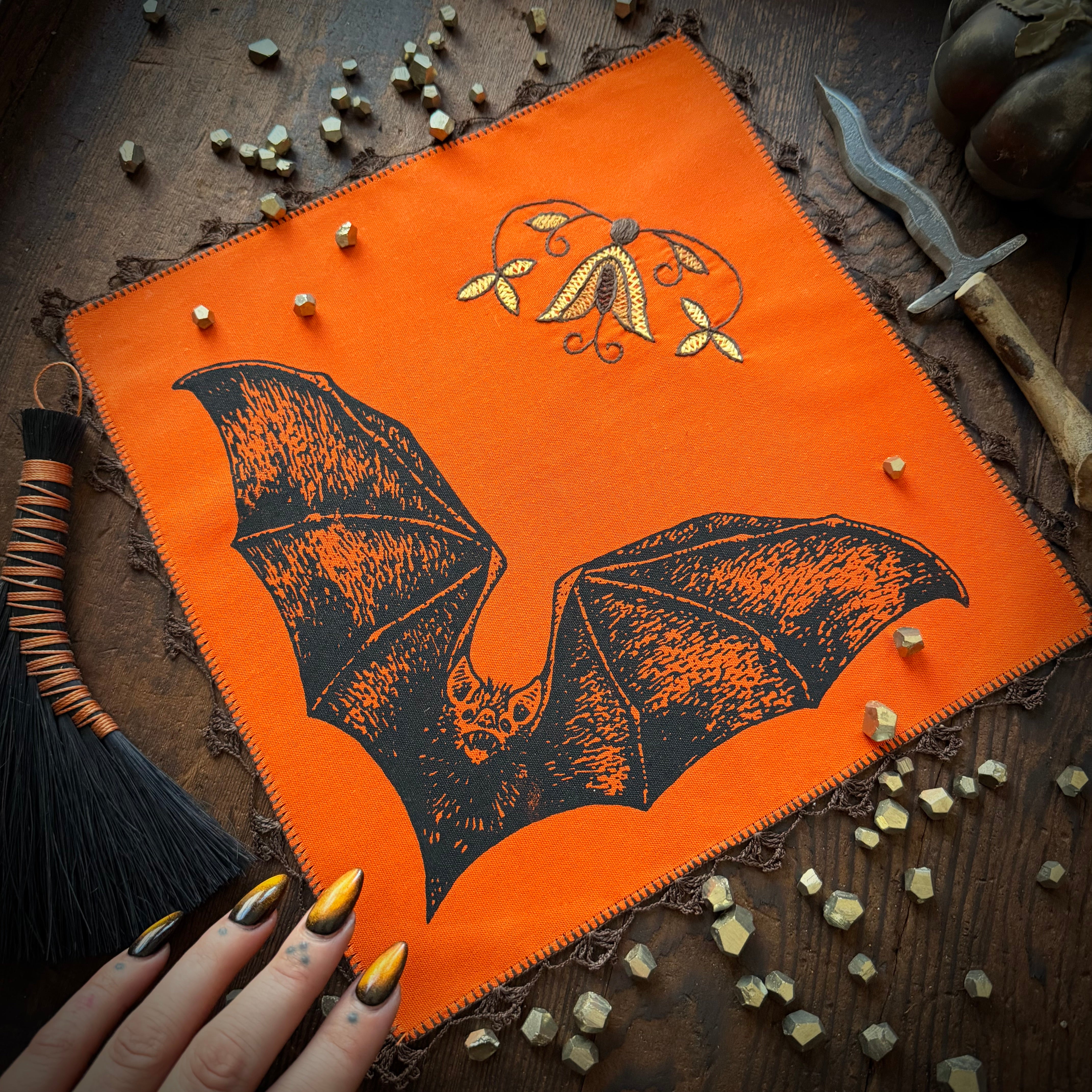 Vampire Bat altar cloth in Bright Pumpkin, limited edition