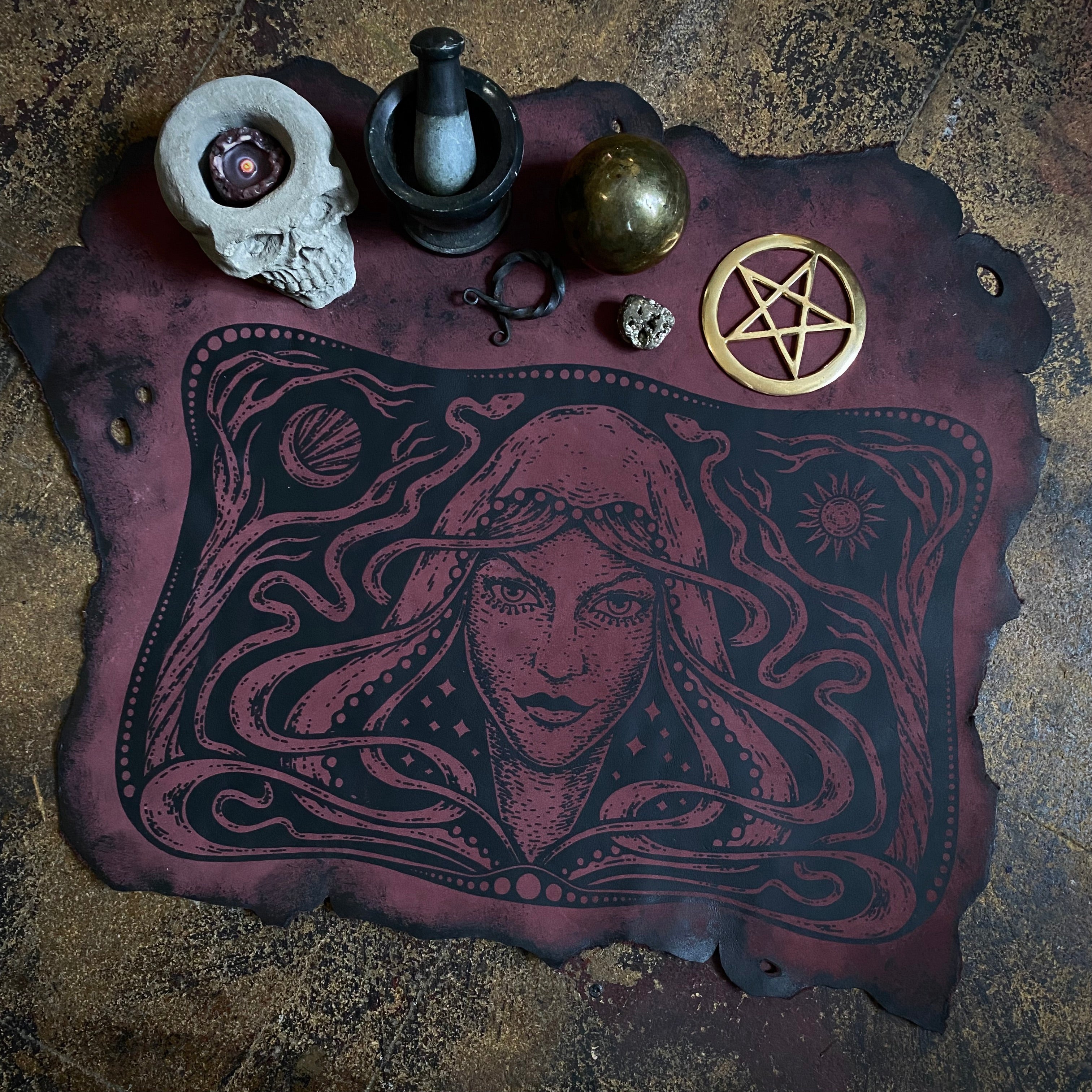 Starspell leather altar cloth in Belladonna, one-of-a-kind