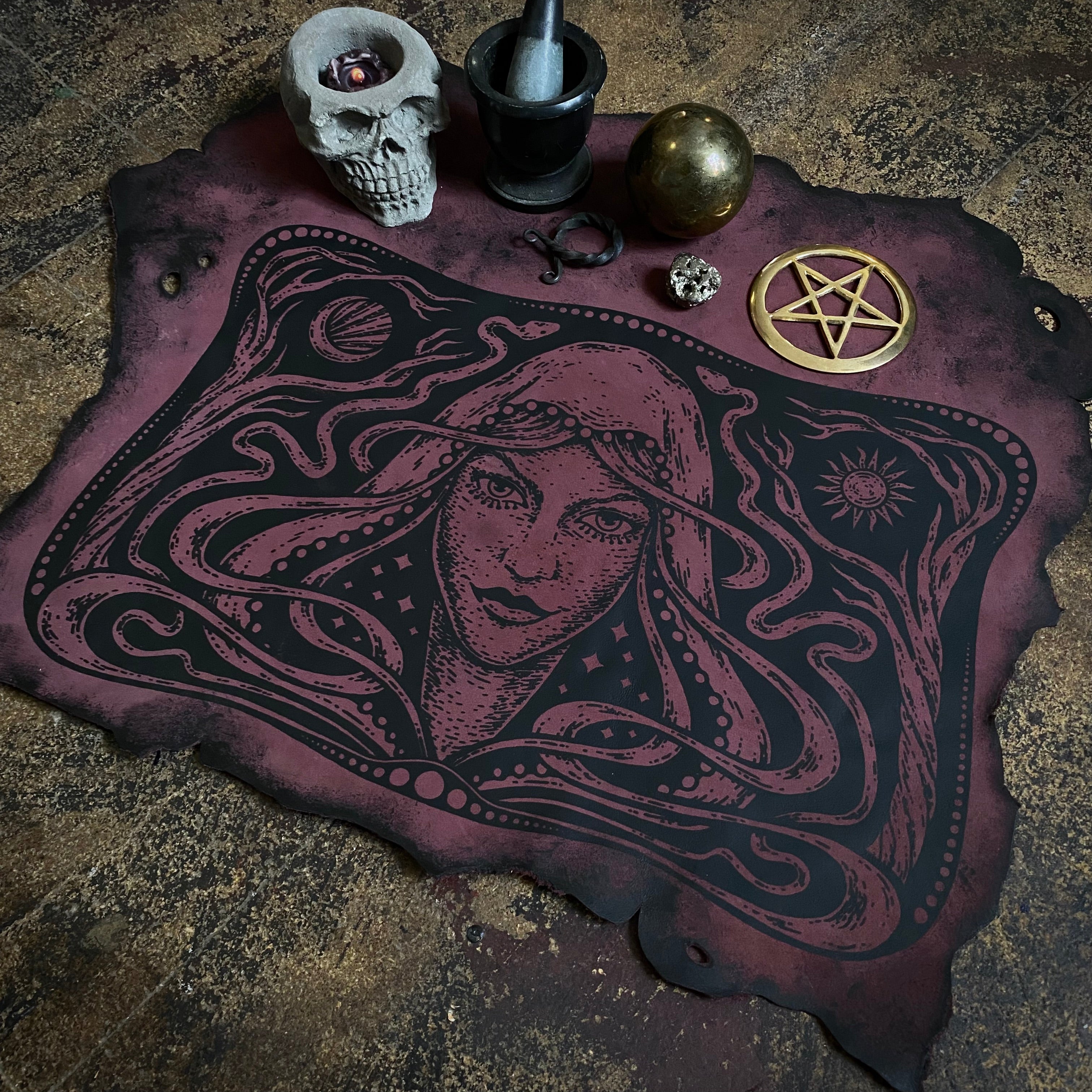 Starspell leather altar cloth in Belladonna, one-of-a-kind