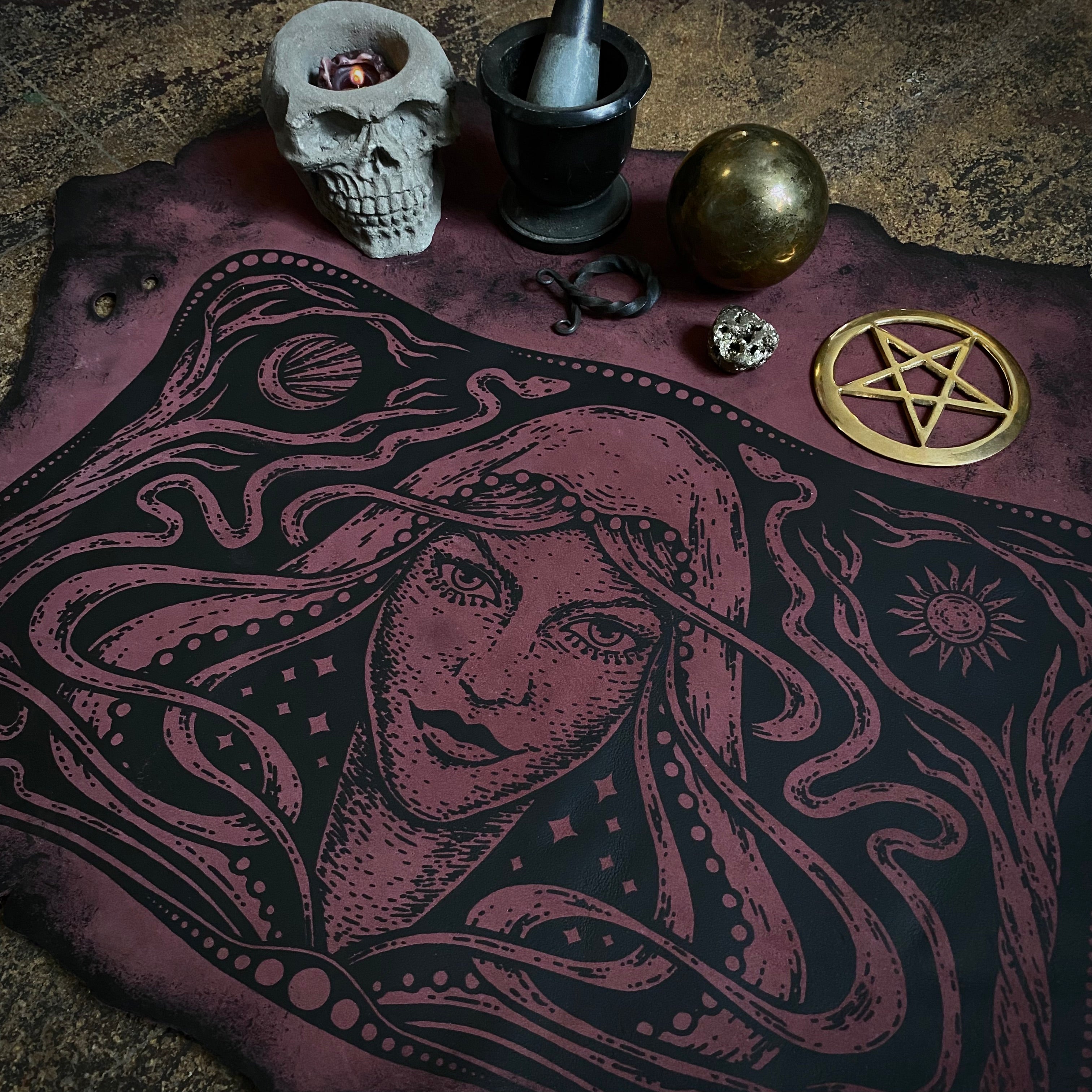 Starspell leather altar cloth in Belladonna, one-of-a-kind