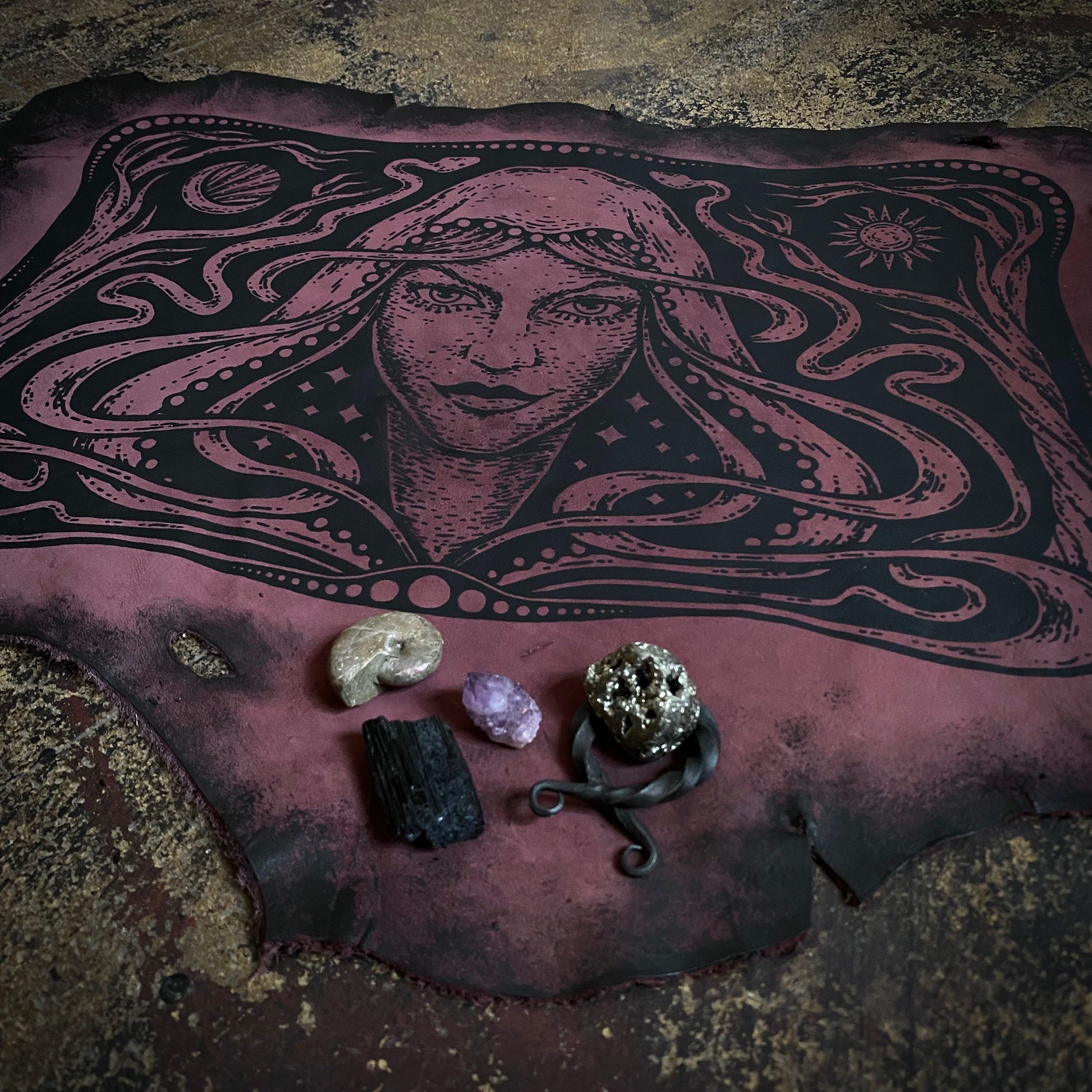 Starspell leather altar cloth in Belladonna, one-of-a-kind