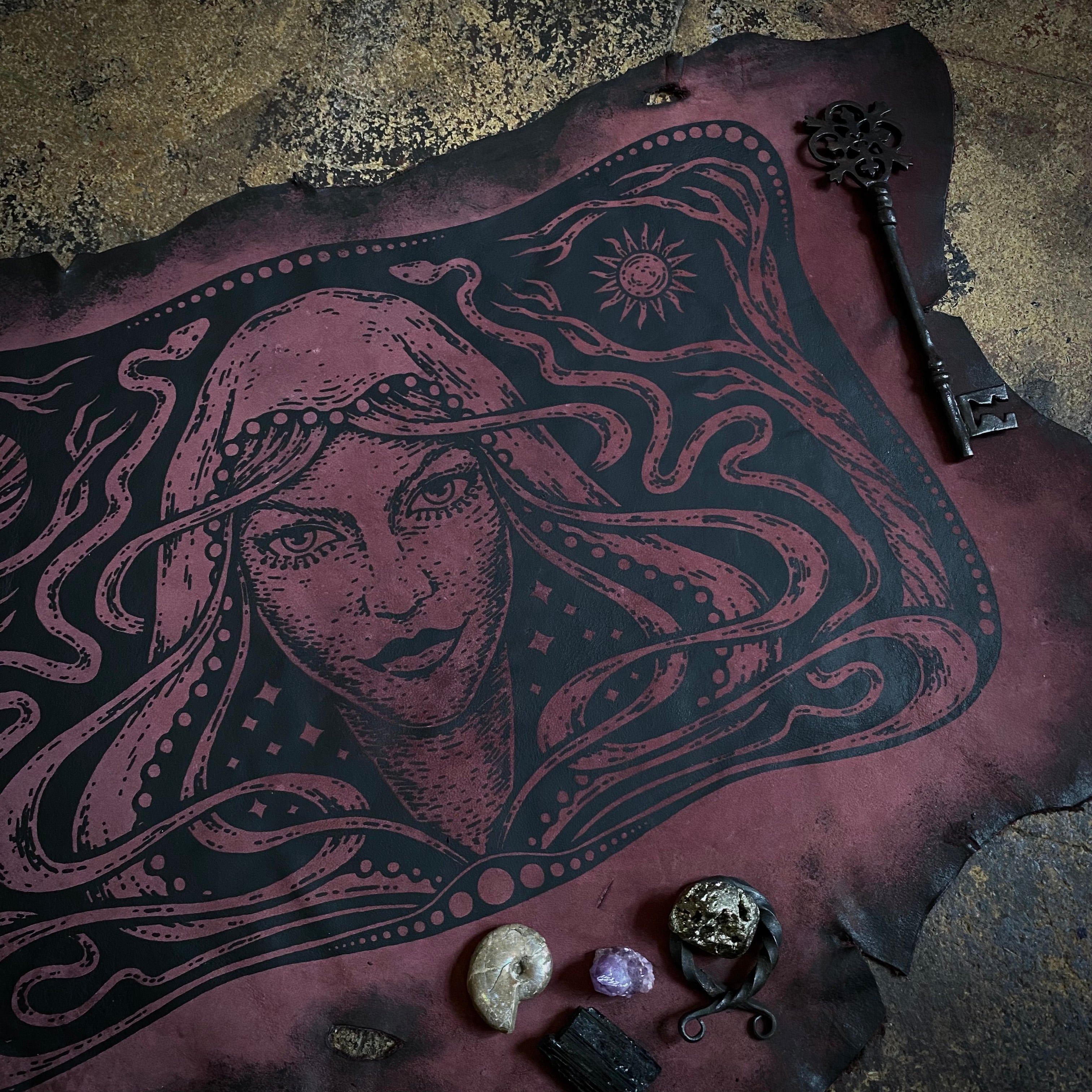 Starspell leather altar cloth in Belladonna, one-of-a-kind