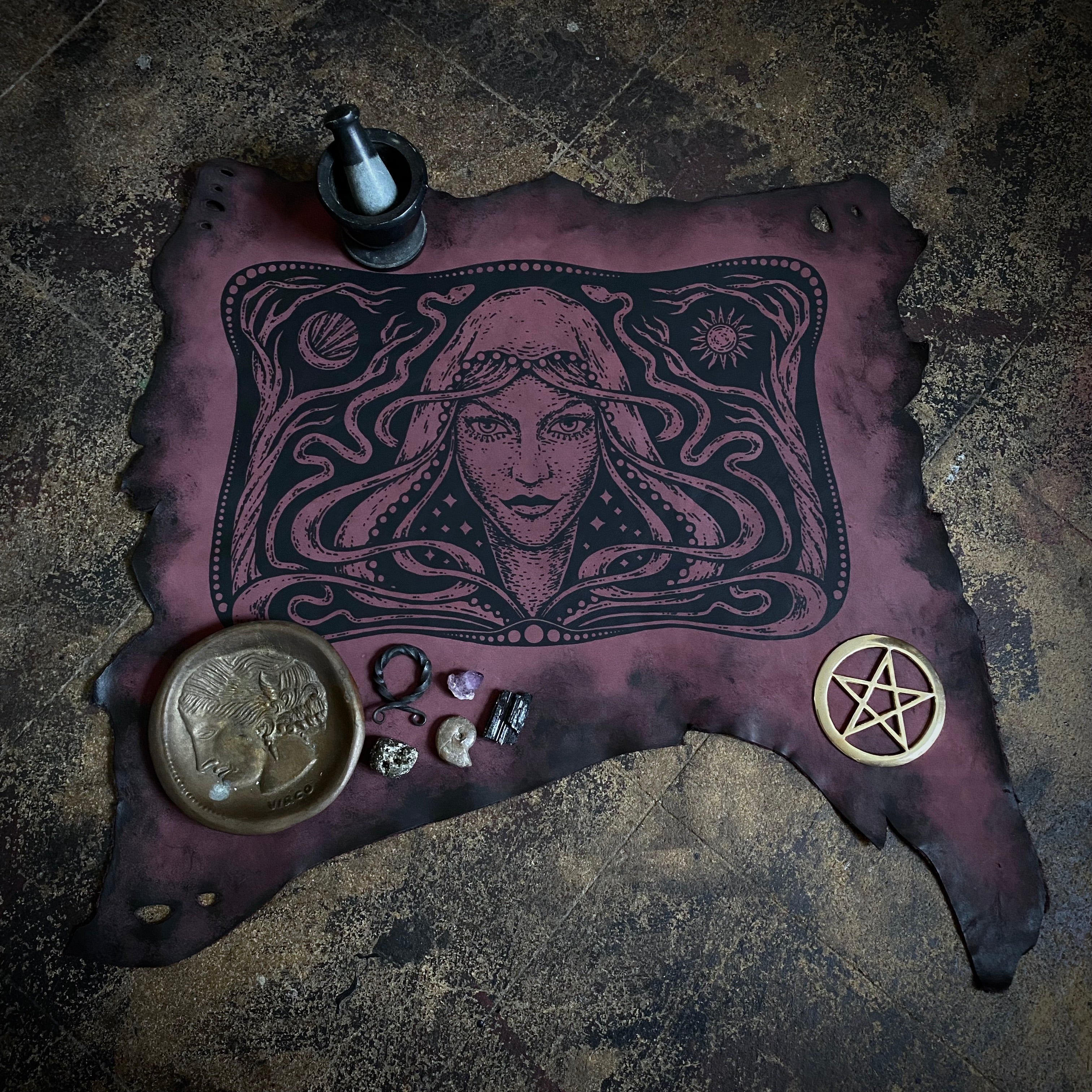 Starspell leather altar cloth in Belladonna, one-of-a-kind