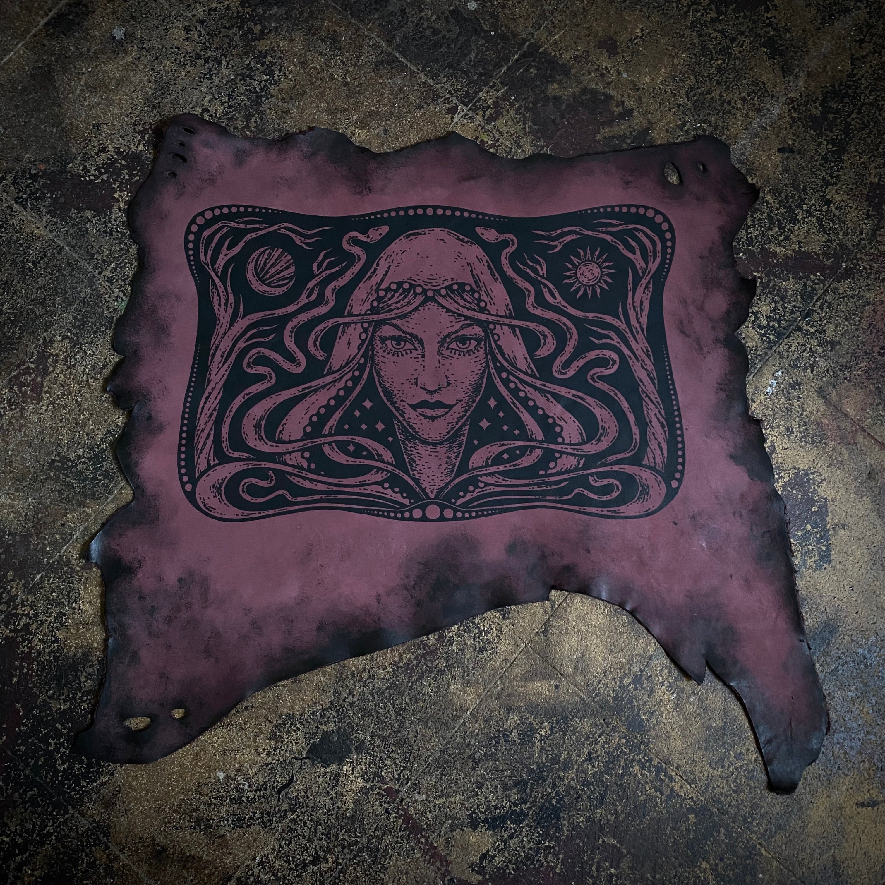 Starspell leather altar cloth in Belladonna, one-of-a-kind