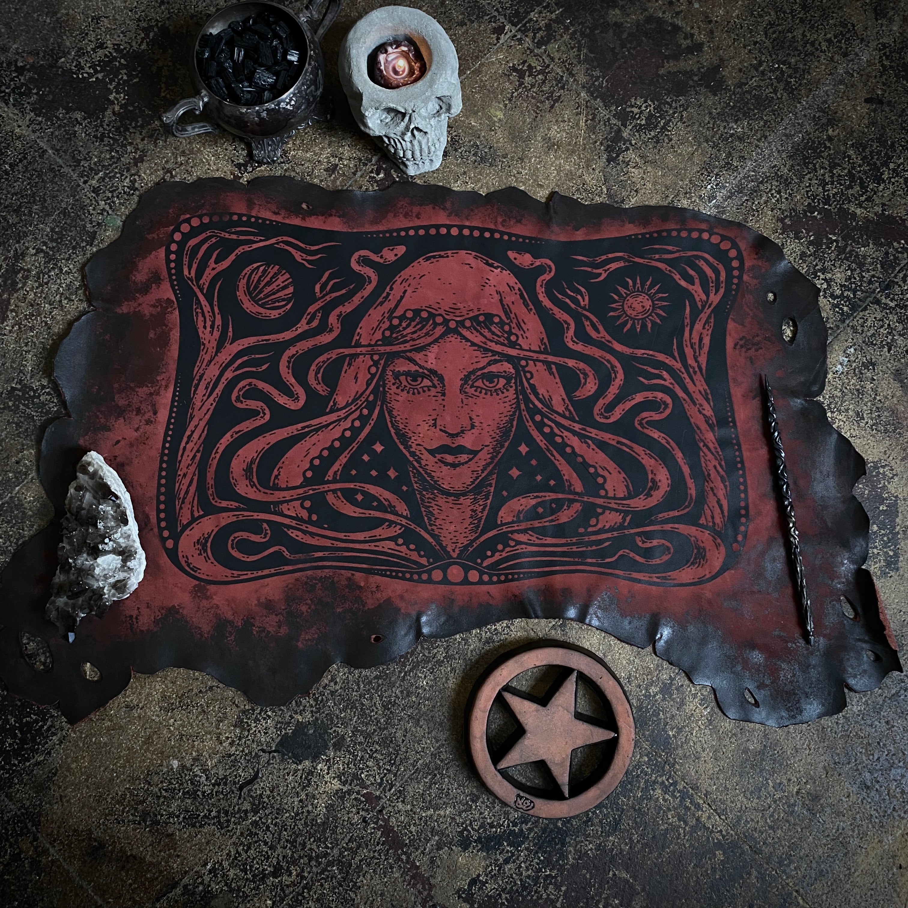 Starspell leather altar cloth in Garnet, one-of-a-kind