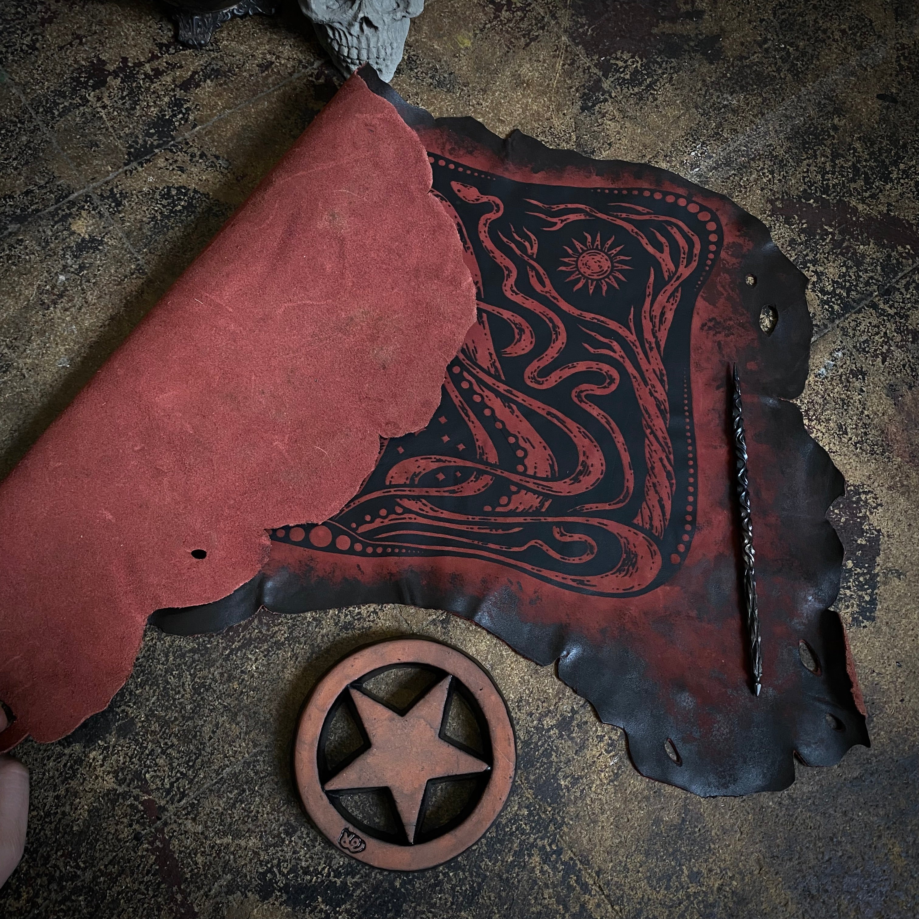 Starspell leather altar cloth in Garnet, one-of-a-kind