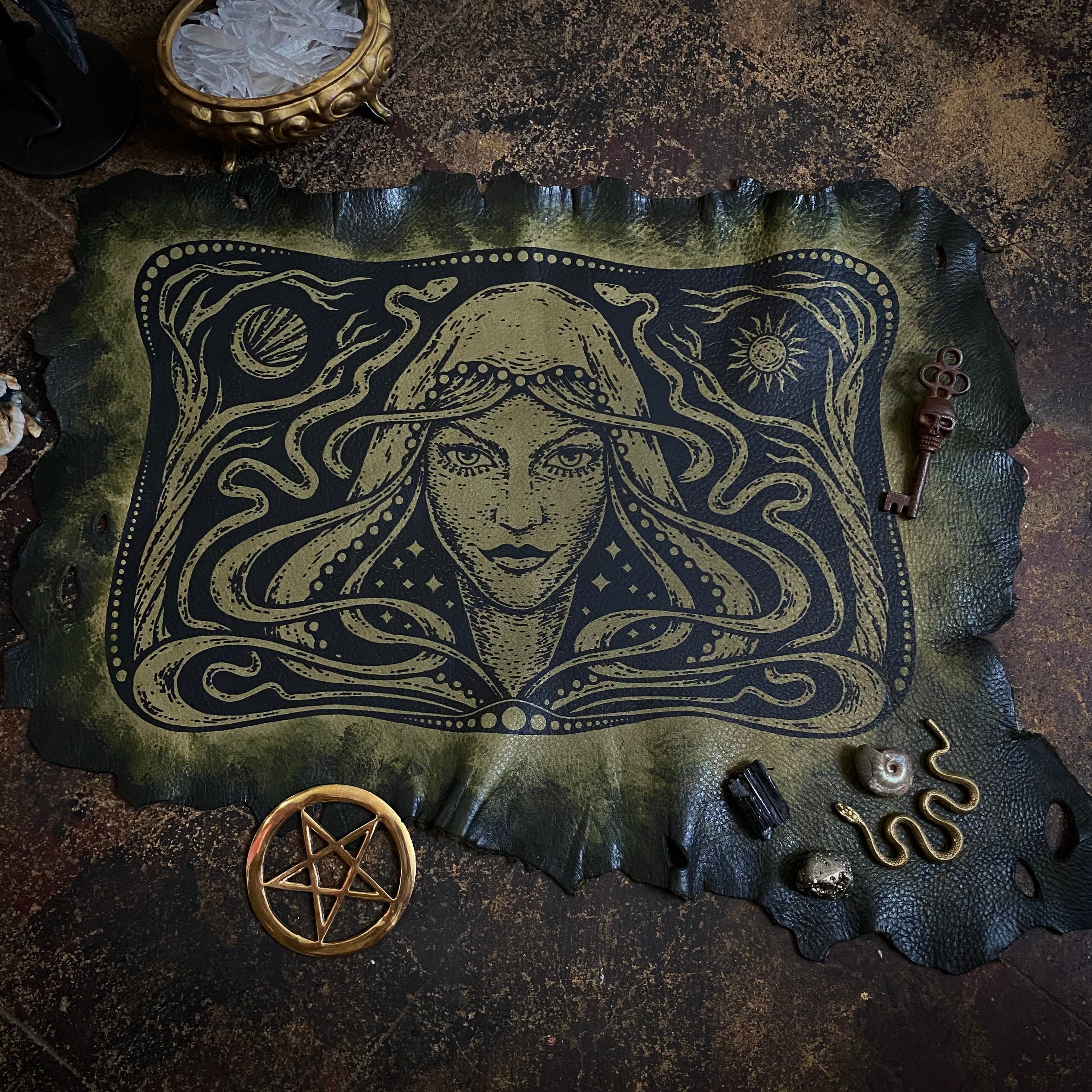 Starspell leather altar cloth in Serpent, one-of-a-kind