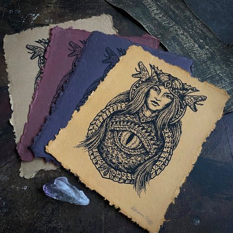 Dragon Empress screen print on handmade paper