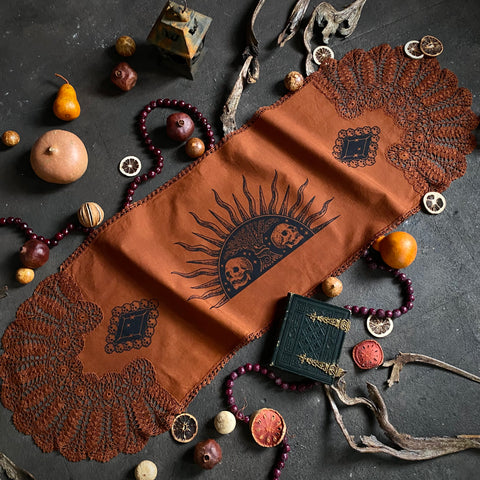 Harvest Sun altar cloth runner in Rust, one-of-a-kind