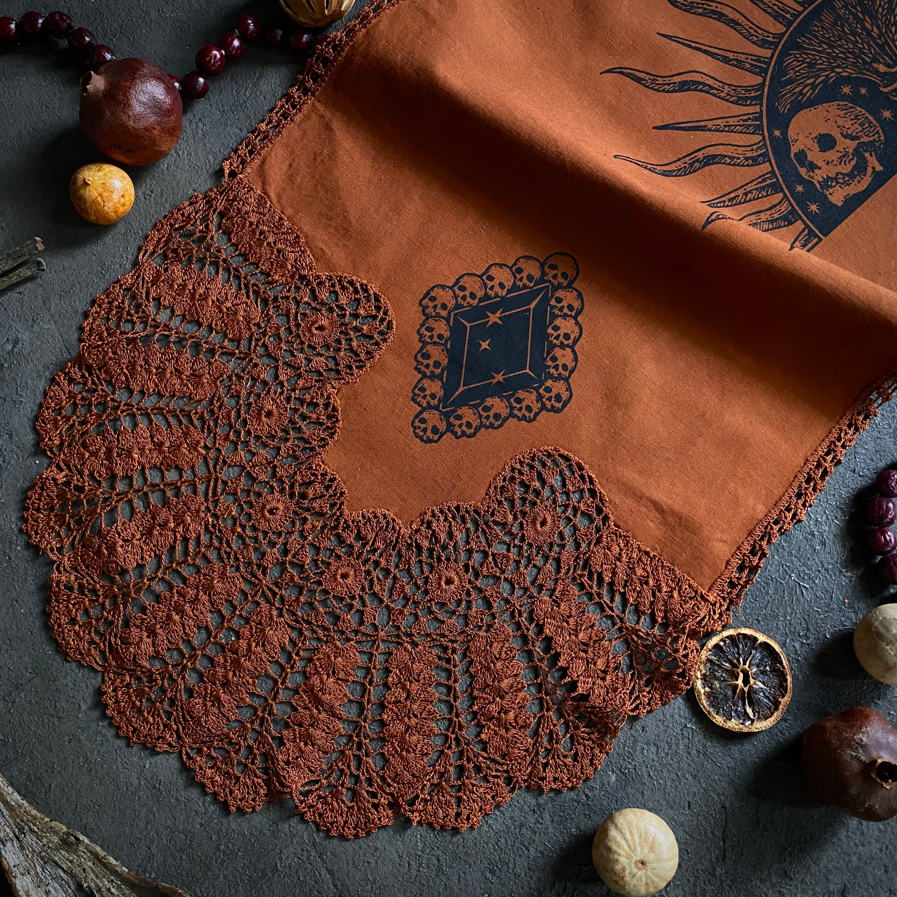 Harvest Sun altar cloth runner in Rust, one-of-a-kind